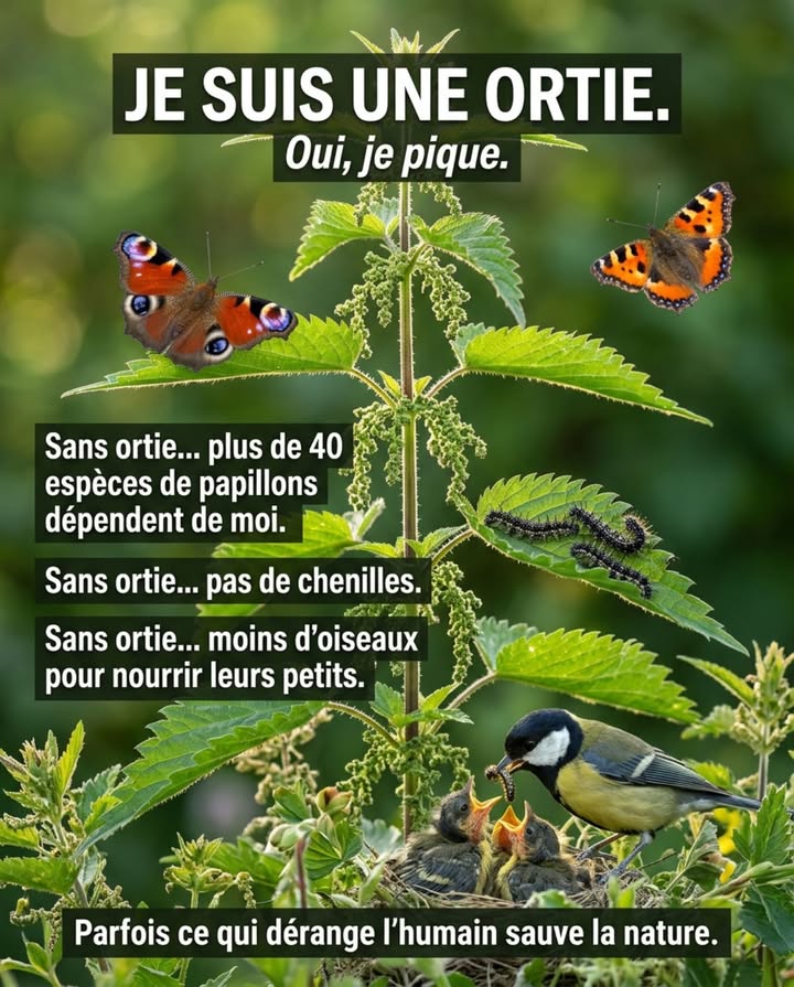 Lortie dioïque est la plante hôte de plusieurs dizaines despèces de papillons en France  dont le Paon du jour, la Petite tortue, le Robert-le-diable et la Carte géographique. Leurs femelles pondent exclusivement sur les feuilles dortie. Sans orties, pas de chenilles de ces espèces.

La chenille est le maillon suivant. Une paire de mésanges charbonnières nourrit ses petits avec 400 à 500 chenilles par jour pendant les trois semaines délevage au nid. Le calendrier de ponte de la mésange est synchronisé avec le pic de chenilles de mai  lui-même synchronisé avec le débourrement des feuilles dortie.

Un carré dun mètre sur un mètre, en coin de jardin, suffit. Lortie na pas besoin dentretien. Elle pousse seule, revient chaque année, et disparaît en hiver sans intervention.

Ce que la taille et le désherbage suppriment en quelques minutes prend une saison entière à se reconstituer.

曆 Paon du jour  Petite tortue  Robert-le-diable  trois espèces de jardins français dont les larves dépendent exclusivement de lortie.

#OrtieJardin #PapillonsFrance #ChaîneTrophique #BiodiversitéAuJardin