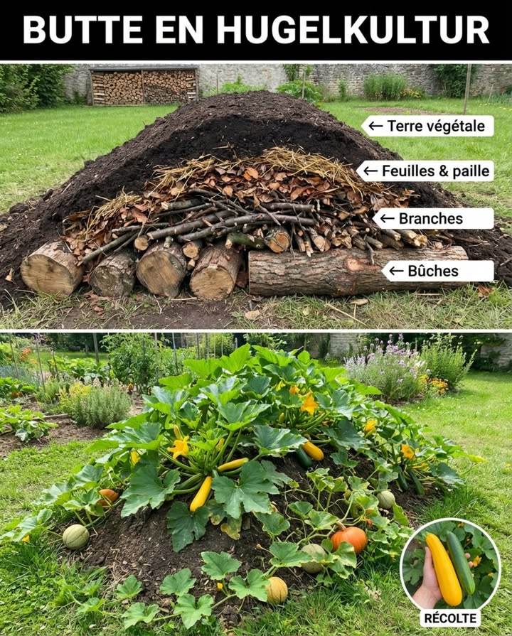 Une butte de culture en hugelkultur retient leau pendant des semaines sans arrosage.

Les bûches enterrées agissent comme des éponges  elles absorbent lhumidité et la libèrent lentement vers les racines.

CONSTRUCTION DES COUCHES :
– Couche de base : grosses bûches et branches épaisses les bois durs durent le plus longtemps
– Deuxième couche : petites branches, brindilles, copeaux de bois
– Troisième couche : feuilles mortes, tontes de gazon, paille
– Couche supérieure : compost et terre de jardin sur 15-20 cm

FORME DE LA BUTTE :
– La longueur orientée nord-sud pour un ensoleillement uniforme
– Hauteur typique de 1 à 1,2 mètre à la construction
– Pentes à 45 degrés pour la stabilité
– Tassement denviron 30 % la première année

COMPORTEMENT DE LEAU :
– Le bois frais absorbe la pluie et la stocke en profondeur
– Les racines poussent vers lhumidité au cœur de la butte
– La surface sèche vite mais le cœur reste humide
– Les buttes plus anciennes nont presque plus besoin darrosage

MEILLEURES CULTURES :
– Année 1 : courges, potirons, melons les plantes gourmandes prospèrent
– Année 2 : tomates, concombres, haricots
– Année 3 et après : presque tout  le sol devient riche et meuble

Lhugelkultur transforme les déchets de jardin en système de culture auto-irrigué.
Un après-midi dempilement crée des années de récoltes sans effort.