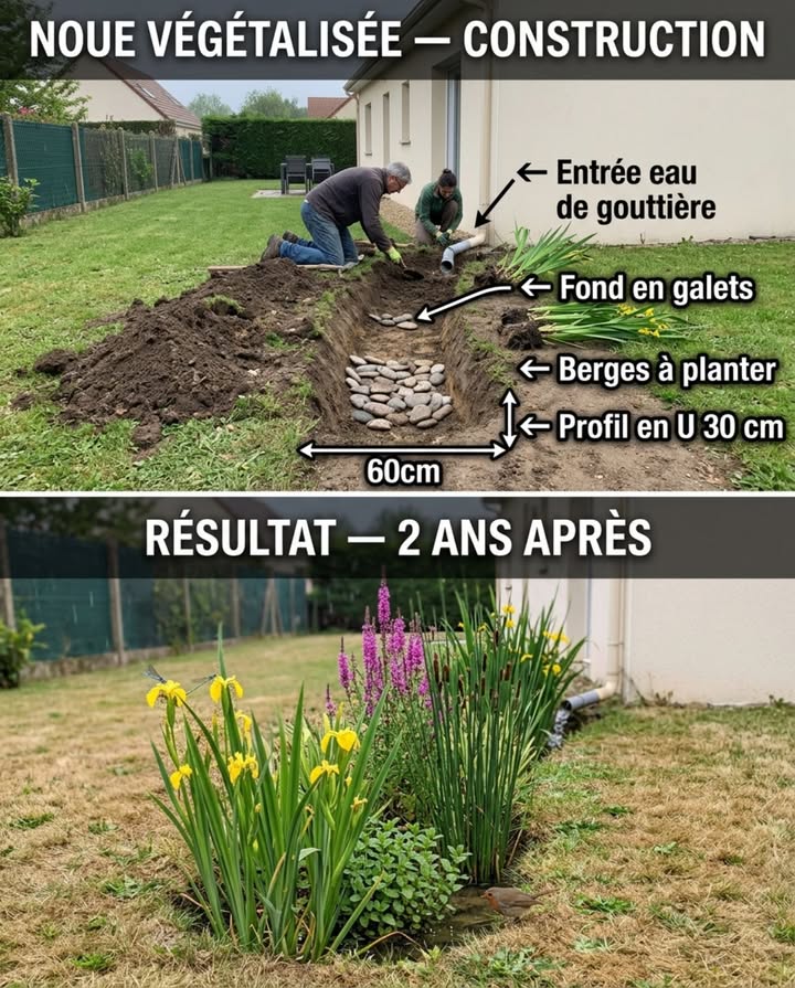 Une noue végétalisée creusée le long dune allée ou en bordure de terrain capte leau de toiture et de ruissellement  et la transforme en zone humide productive au lieu de la perdre dans les égouts. Aucune pompe, aucun tuyau souterrain, aucune autorisation. La gravité fait tout le travail.

Une noue de 10 mètres de long, 60 cm de large et 30 cm de profondeur absorbe 1 800 litres deau par épisode pluvieux intense  léquivalent dune cuve IBC de 1 000 litres remplie à chaque orage, redistribuée gratuitement dans le sol.

Construction en une matinée : creuser une dépression peu profonde en forme de U le long de lallée ou en bas de pente, planter les berges avec des plantes hygrophiles iris des marais, joncs, salicaires, menthe aquatique, relier la descente de gouttière à lentrée de la noue avec un tuyau de 10 cm, poser des galets dans le fond pour ralentir leau et éviter lérosion.

La noue végétalisée nest pas un fossé  cest un jardin de pluie. Elle est sèche les trois quarts du temps et se remplit seulement pendant les orages. Les plantes qui y poussent tolèrent à la fois lexcès deau temporaire et la sécheresse entre les épisodes  iris, joncs et salicaires sont parfaits pour cette alternance.

Trois ans plus tard, la noue est un jardin de biodiversité  libellules, grenouilles, cistudes et pipistrelles sy retrouvent les nuits dété. Leau de toiture ne surcharge plus le réseau.

#NouéVégétalisée #JardinDePluie #PermacultureEau #JardinSansArrosage #JardinageBiologique
