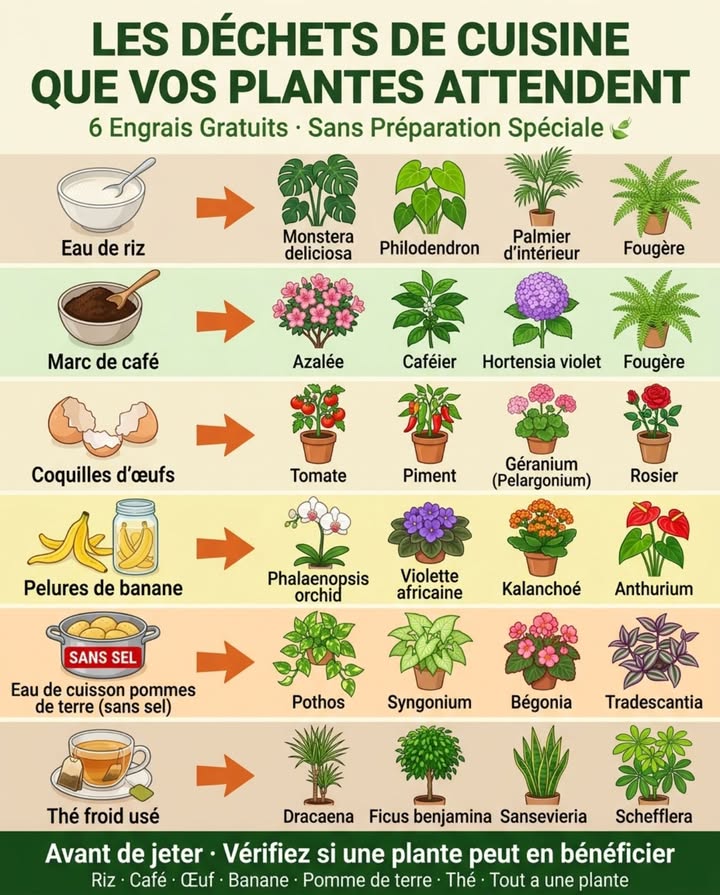 Ce que vous jetez chaque jour après la cuisine peut nourrir vos plantes dintérieur. Zéro coût, zéro préparation. 

6 déchets de cuisine et leurs plantes bénéficiaires sont sur limage. Leau de cuisson des pommes de terre uniquement sans sel  avec sel, elle brûle les racines.

Avant de jeter, vérifier si une plante peut en bénéficier. 

#EngraisNaturels #PlantesIntérieur #DéchetsCuisine #JardinMaison