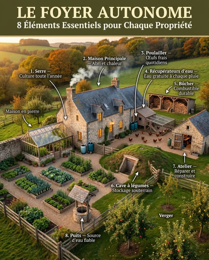 Le Foyer Autonome
8 Éléments Essentiels pour Chaque Propriété

Un foyer capable de fonctionner par lui-même nest pas une question de luxe  cest une vraie autonomie. La nourriture pousse sur votre terrain, les animaux fournissent une subsistance quotidienne, leau est captée et stockée.

Chaque élément remplit une fonction. Rien nest décoratif.

LES 8 ÉLÉMENTS ESSENTIELS :

1. SERRE  Culture toute lannée, vraie autosuffisance alimentaire

2. MAISON PRINCIPALE  Abri, chaleur, le cœur du foyer

3. POULAILLER  Sécurité alimentaire, œufs frais quotidiens

4. RÉCUPÉRATEURS DEAU DE PLUIE  Eau captée pour le jardin et la maison

5. BÛCHER  Combustible durable, bois empilé et séché

6. CAVE À LÉGUMES  Stockage frais souterrain, la récolte dure des mois

7. ATELIER  Réparations et projets, fabriquer au lieu dacheter

8. PUITS OU CITERNE  Source deau fiable, indépendance en ressources

Un système intégré où chaque élément soutient les autres.
Lautonomie se construit une étape à la fois.