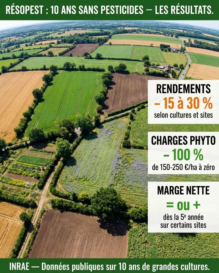 La plupart des agriculteurs français considèrent que supprimer totalement les pesticides reviendrait à sacrifier la récolte. Pendant dix ans, des chercheurs de lINRAE ont fait exactement ça  et ils ont mesuré chaque saison ce qui se passait réellement quand on arrêtait tout. 

Le réseau Rés0Pest a été lancé au début des années 2010 sur plusieurs sites expérimentaux en grandes cultures  blé, orge, colza, maïs, protéagineux. Le protocole était radical : zéro herbicide, zéro fongicide, zéro insecticide. Pas une réduction. Pas une substitution par un produit bio. Zéro. Le pari reposait sur un remplacement complet du système  rotations longues et diversifiées, variétés résistantes, désherbage mécanique, faux-semis, couverts végétaux, auxiliaires de culture laissés en place.

Les résultats publiés ne racontent pas lhistoire simpliste que les deux camps espéraient. Les rendements ont baissé  entre 15 et 30 % selon les cultures et les sites. Mais les charges opérationnelles ont chuté de manière plus importante encore  les postes phytosanitaires représentant entre 150 et 250 euros par hectare en conventionnel, ramenés à zéro. Sur certains sites, la marge nette par hectare en système zéro pesticide a rejoint ou dépassé celle du système conventionnel dès la cinquième année, parce que le sol restructuré par les rotations longues a commencé à produire sa propre fertilité et ses propres défenses.

Le point de bascule nest pas le rendement. Cest le rapport entre ce quon récolte et ce quon dépense pour récolter. Un système qui produit 30 % de moins mais ne coûte presque rien en intrants peut dégager la même marge quun système à haut rendement sous perfusion chimique  avec un sol qui saméliore au lieu de se dégrader chaque année.

Dix ans de données publiques, financées par limpôt, accessibles à tous. Le débat nest plus  est-ce possible   les parcelles ont répondu. La question est maintenant pourquoi si peu de monde le sait. 

#Rés0Pest #AgricultureSansPesticides #INRAE #SolVivant #TransitionAgricole
