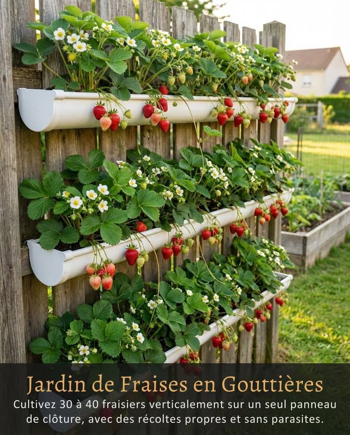 Les gouttières suspendues transforment les fraisiers en rangées verticales de fruits à récolter à hauteur des yeux.

Les fraises restent propres, sèches et hors de portée des limaces et des maladies du sol.

– Montez les gouttières horizontalement sur les clôtures ou les murs en rangées superposées
– Les fruits pendent par-dessus le bord au lieu de reposer sur un sol humide
– Récolte plus facile  pas besoin de se baisser ni de chercher sous les feuilles
– Un seul panneau de clôture peut accueillir 30 à 40 plants
– Idéal pour les terrasses, les petits jardins et les balcons

Le drainage et larrosage sont les clés  un sol peu profond sèche vite et les racines détestent leau stagnante.

MÉTHODE simple et fiable
Percez des trous de drainage tous les 15-20 cm au fond
Fixez solidement les gouttières avant de les remplir
Remplissez de terreau de qualité  jamais de terre de jardin
Plantez les fraisiers tous les 20-25 cm le long de la gouttière
Arrosez lentement jusquà ce que lexcès sécoule par les trous
Apportez de lengrais liquide toutes les 2-3 semaines pendant la fructification
Dirigez les stolons vers les gouttières du dessous pour agrandir le mur végétal

Fruits propres, cueillette facile, espace maximisé.