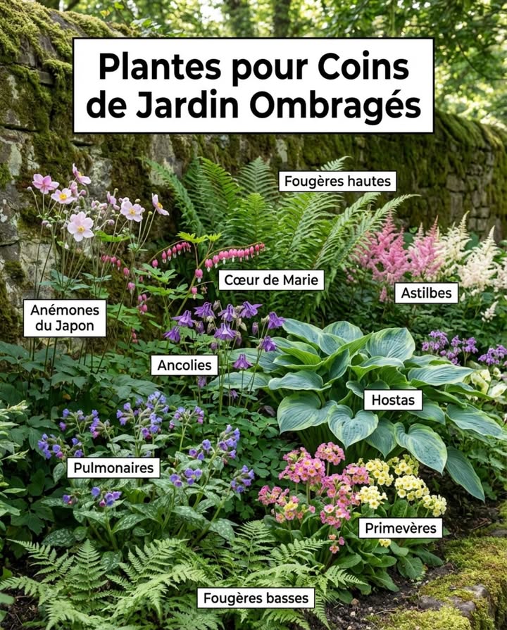 Les zones ombragées du jardin permettent de cultiver des plantes adaptées à la faible luminosité. Ces végétaux prospèrent dans un sol frais, une lumière filtrée et les coins protégés du jardin.

Hellébore
Feuillage persistant et floraison précoce prolongée.

Astilbe
Plumeaux vaporeux qui illuminent lombre partielle.

Cœur de Marie
Fleurs printanières gracieuses au port arqué naturel.

Pulmonaire
Feuillage tacheté et nectar précoce pour les insectes.

Anémone du Japon
Floraison tardive apportant du mouvement.

Hostas
Feuillage imposant qui structure les massifs dombre.

Fougères
Texture naturelle demandant peu dentretien.

Ancolie
Fleurs printanières délicates supportant bien lombre.

Primevère
Couleur précoce égayant les espaces peu lumineux.