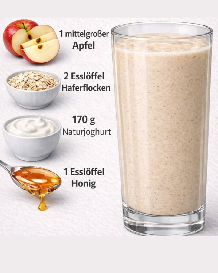 北 Leichtes und einfaches Abendessen 北

Zutaten
 1 mittelgroßer Apfel 
 2 Esslöffel Haferflocken 北
 170 g Naturjoghurt 
 1 Esslöffel Honig 

Zubereitung
1 Den Apfel waschen, schälen und in Stücke schneiden 
2 Apfel, Haferflocken, Joghurt und Honig in den Mixer geben 北
3 Alles mixen, bis eine cremige und glatte Konsistenz entsteht 
4 Sofort servieren und gut gekühlt genießen 

 Eine einfache und ausgewogene Mahlzeit für einen sanften, leichten Abend