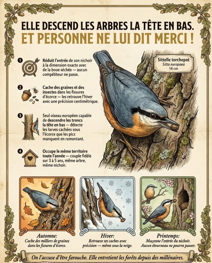 La sittelle torchepot réduit lentrée de son nichoir avec de la boue séchée jusquà la bonne dimension  aucun étourneau ne passe. On laccuse dêtre farouche et inutile. Elle entretient les forêts depuis des millénaires. 

Ce poster donne les chiffres et le comportement en trois temps : construction, hivernage, nidification.

On la voit descendre les troncs la tête en bas. Aucun autre oiseau européen nen est capable.

#SittelleTorchepot #FauneJardin #OiseauxFrance #BiodiversitéForêt