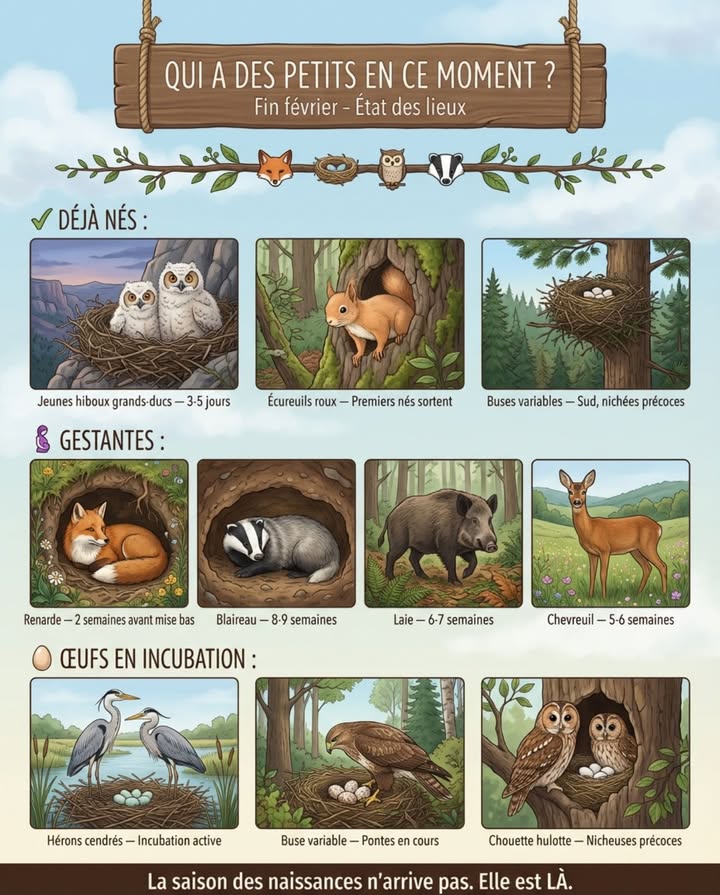 Fin février : les premières naissances ont déjà eu lieu.

Déjà nés : jeunes hiboux grands-ducs 3-5 jours, duvet blanc, premiers écureuils roux sortis du nid, quelques marcassins précoces dans le sud.

Gestantes : renarde mise bas en mars, blaireautine petits en février-mars, laie portée de printemps en cours.

Œufs en incubation : héron cendré colonies actives, buse variable pontes débutent, chouette hulotte nicheuses précoces.

À venir en mars : merle noir, rougegorge familier, mésange bleue.

Conséquences pratiques : ne pas obstruer les cavités darbres ou terriers maintenant, garder les chats à lintérieur, vérifier avant de faucher les hautes herbes nids de lièvres.

力讀

#SaisonDesNaissances #FauneEnFévrier #JeunesAnimaux