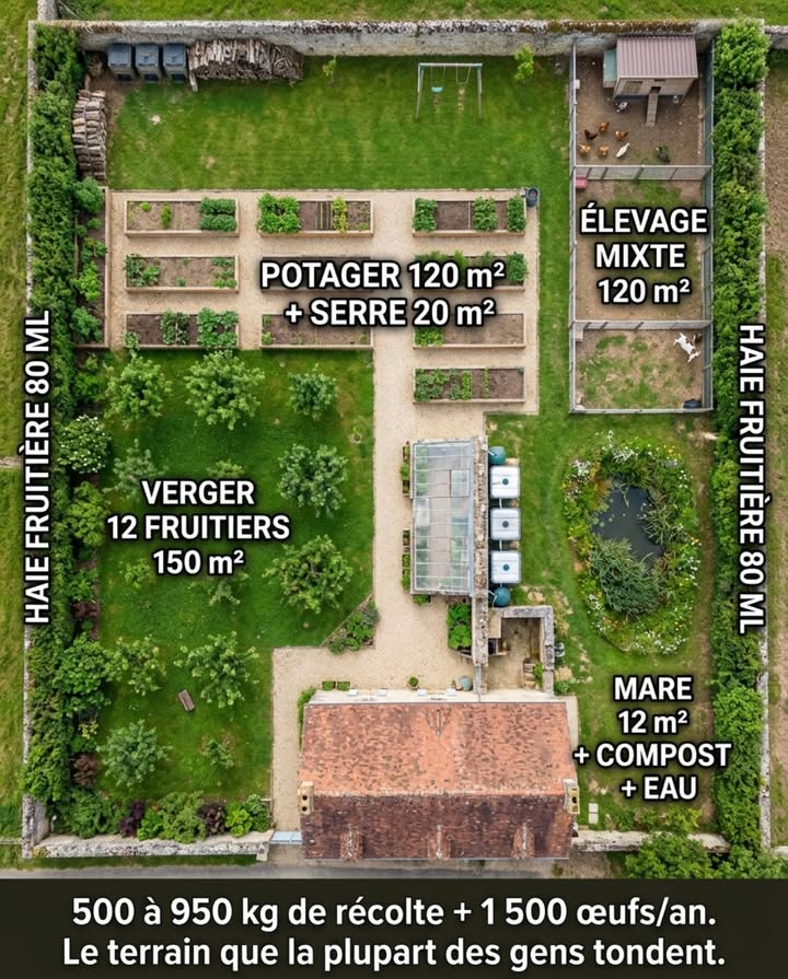 Mille mètres carrés  le terrain de ferme de village ou de maison de maître rurale, souvent morcelé par danciennes clôtures, souvent sous-exploité en prairie rase. La surface autorise ce que le terrain de 500 m ne peut pas faire : une serre maçonnée permanente, un élevage mixte avec rotation complète et un système de conservation intégré qui prolonge la production sur douze mois.

Le terrain de 1 000 m est le format où la micro-ferme familiale devient complète  légumes, fruits, œufs, viande dappoint, lait et fromage si une chèvre naine est ajoutée au système.

Zone 1  le potager intensif de 120 m avec serre maçonnée de 20 m. Douze planches surélevées en trois blocs de quatre, chemin central dallé. Rotation triennale stricte sur cinq familles. La serre maçonnée adossée au mur sud produit douze mois sur douze  tomates et concombres de mai à novembre, salades et épinards de novembre à mai sans chauffage.

Zone 2  le verger diversifié de 150 m avec sous-étage productif. Douze fruitiers basse-tige espacés de 5 m, sous-étage de cassissiers, groseilliers et framboisiers entre les arbres. Production de mai à novembre  cerisier, abricotier, prunier, pêcher, deux pommiers, poirier, figuier, cognassier, noyer, châtaignier en lisière. Enherbement permanent au trèfle blanc.

Zone 3  lélevage mixte sur parcours rotatif de 120 m. Huit poules pondeuses et deux canards coureurs indiens dans un poulailler de 4 m avec trois compartiments rotatifs de 40 m chacun. Une chèvre naine ou deux lapins de chair en enclos séparé de 20 m. Production annuelle : 1 500 œufs, 40 kg de viande, lait quotidien si chèvre.

Zone 4  la haie fruitière double rangée de 80 mètres linéaires sur tout le périmètre. Double rang en quinconce sur quatre côtés  prunellier, aubépine, sureau, cornouiller, noisetier, rosier sauvage, groseillier, cassissier, framboisier remontant. Production continue juin à novembre, brise-vent, corridor écologique complet.

Zone 5  la mare de 12 m, le système eau et le bois. Trois cuves IBC de 1 000 litres en cascade. Cave semi-enterrée de 12 m pour la conservation. Composteur trois bacs de 500 litres chacun. Tas de bois mort de 4 m pour la faune. Deux saules têtards en cépée pour le bois dappoint.

Zone résiduelle  pelouse de vie de 80 m en prairie courte praticable, tondue haute à 8 cm, semée de trèfle et de pâquerettes.

Production annuelle estimée : 300 à 450 kg de légumes, 200 à 400 kg de fruits, 60 à 100 kg de petits fruits, 1 500 œufs, 40 kg de viande dappoint. Le terrain que la plupart des gens tondent chaque semaine en pensant quils manquent de place.

#Terrain1000m2 #MicroFerme #AutonomieAlimentaire #JardinProductif #PermacultureFamiliale