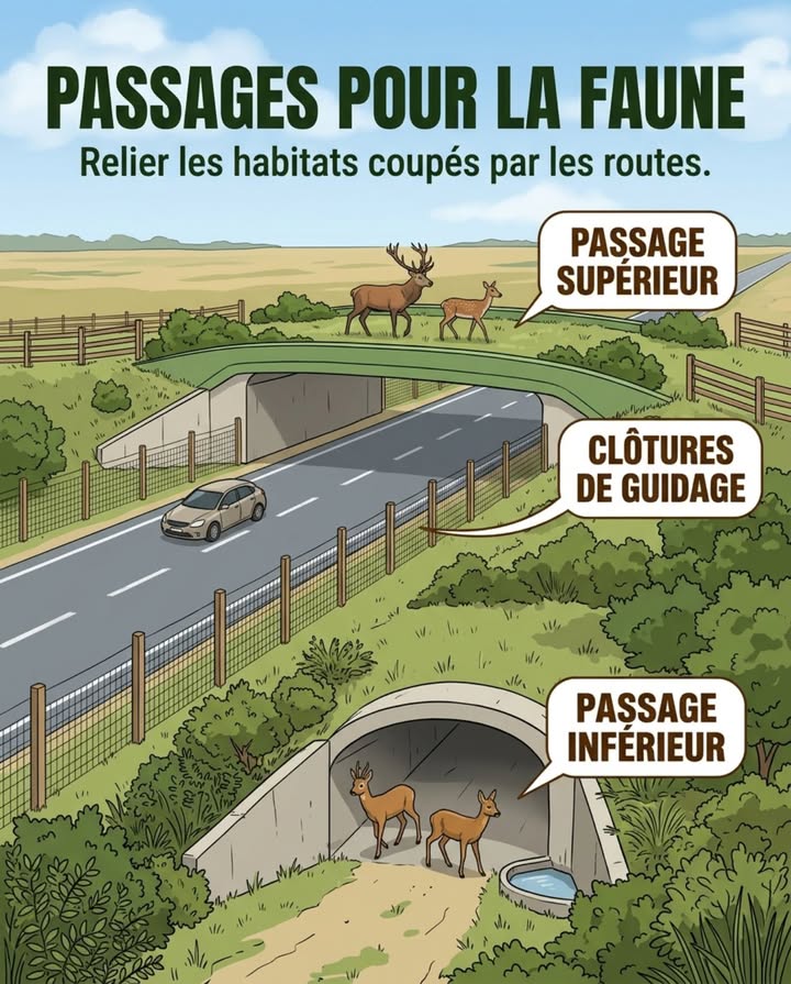 Une route à grande vitesse coupe un territoire en deux. Les animaux ne contournent pas  ils tentent de traverser. En France, les collisions avec la faune représentent plusieurs dizaines de milliers daccidents par an, essentiellement au crépuscule et à laube, en période de rut ou de dispersion des jeunes.

Les passages à faune inversent la logique : au lieu de bloquer le déplacement, ils le canalisent. Les clôtures de guidage le long des accotements ne servent pas à empêcher le passage  elles dirigent les animaux vers les ouvertures prévues. Sans elles, le passage existe mais reste ignoré.

Deux types complémentaires :
Le passage inférieur busage ou cadre béton convient aux petits et moyens mammifères, amphibiens et reptiles  chevreuils, blaireaux, loutres, hérissons.
Le passage supérieur écoduc végétalisé permet le franchissement des grands cervidés qui refusent de sengager dans des espaces confinés.

En France, le réseau autoroutier intègre ces structures depuis les années 1980. Leur efficacité dépend directement de la végétation plantée à chaque extrémité  un passage nu nest pas utilisé.

歷 Le cerf élaphe et le chevreuil sont les espèces les plus fréquemment impliquées dans les collisions routières en France.

#PassagesFaune #TramesVertes #FauneSauvage #BiodivertéFrance