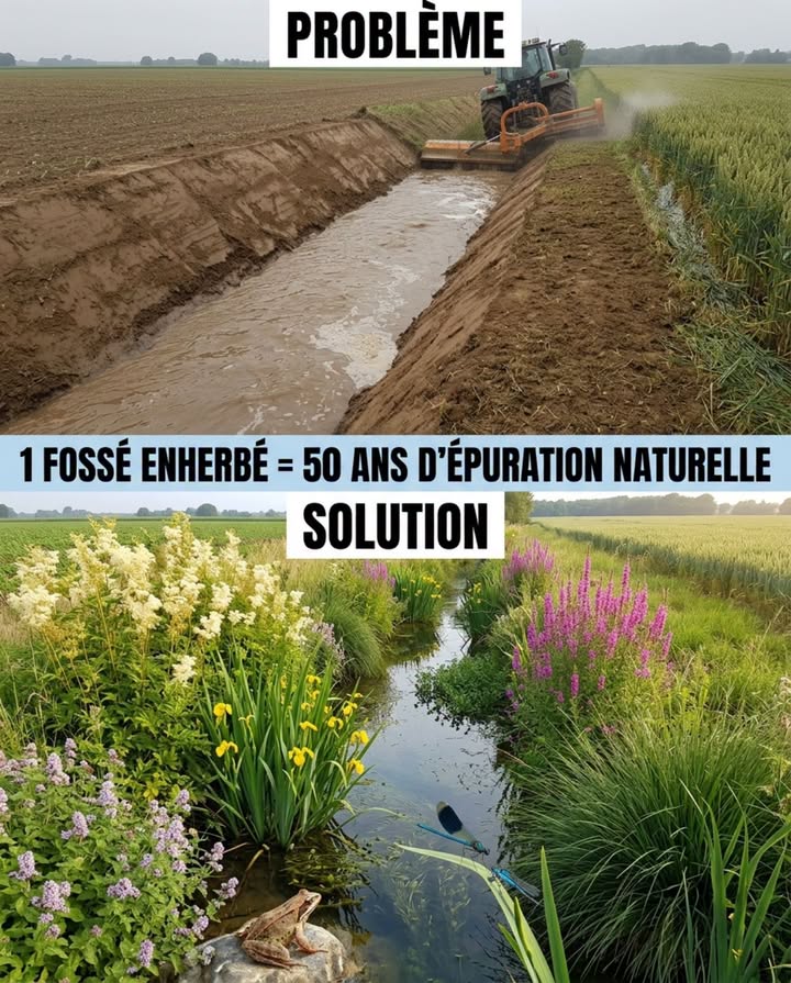 Le fossé enherbé en bordure de parcelle fait ce quaucune buse de drainage ne fait : il filtre, il ralentit et il abrite. Un fossé de 20 mètres de long laissé végétalisé capture les nitrates avant la rivière, freine le ruissellement avant linondation et héberge grenouilles, tritons et libellules à moins de dix mètres du champ.
Espèces qui colonisent un fossé enherbé français sans semis :
Reine-des-prés  floraison crémeuse parfumée de juin à août, fixe les berges par ses rhizomes denses, attire les pollinisateurs.
Salicaire commune  épis rose-magenta de juillet à septembre, résiste aux pieds dans leau permanente, visitée par les bourdons.
Menthe aquatique  couvre-sol de berge à floraison lilas en août, parfumée, colonise rapidement les zones humides.
Iris des marais  feuilles dressées qui structurent la berge, fleurs jaunes en mai, empêche lérosion par ses rhizomes puissants.
Laîche des rives  touffes persistantes qui maintiennent la berge en hiver quand tout le reste a disparu, refuge hivernal pour les amphibiens. 
Le fossé enherbé filtre entre 50 et 90 % des nitrates qui ruissellent depuis la parcelle cultivée adjacente  les racines et les micro-organismes de la zone racinaire transforment les nitrates en azote gazeux inoffensif avant quils natteignent le cours deau. Un fossé curé mécaniquement chaque année perd cette capacité  il devient un tuyau à ciel ouvert qui accélère le transfert au lieu de le filtrer.
La grenouille agile et le triton palmé  deux espèces protégées  se reproduisent dans les fossés enherbés qui conservent de leau davril à juillet. Les libellules agrions y pondent dès le premier printemps. Le fossé enherbé est souvent le dernier point deau du paysage agricole intensif  celui qui maintient les amphibiens dans un rayon de plusieurs centaines de mètres.
Entretien : un seul curage partiel tous les trois à cinq ans, sur un seul côté à la fois, en automne  jamais les deux berges la même année, pour laisser un refuge intact à la faune. Coût : zéro. Le fossé se végétalise seul en une saison si on cesse de le faucher à ras.
#fosséEnherbé #qualitéEau #biodiversité #jardinNaturel