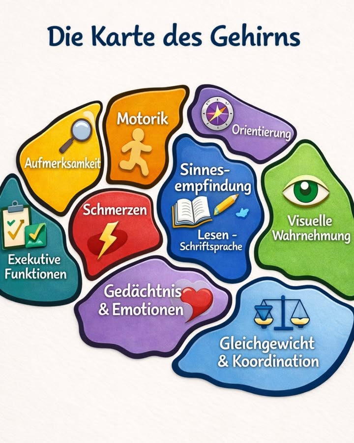 易 Die Karte des Gehirns  Faszinierend, was unser Gehirn alles leistet!

Unser Gehirn ist wie eine komplexe Landkarte mit verschiedenen Bereichen, die jeweils ganz bestimmte Aufgaben übernehmen. Jeder Teil spielt eine wichtige Rolle in unserem Alltag  oft ohne, dass wir es bewusst merken.

 Aufmerksamkeit
Hilft uns, uns zu konzentrieren, Informationen zu filtern und den Fokus zu behalten  ob bei der Arbeit, im Gespräch oder beim Lernen.

 Motorik
Steuert unsere Bewegungen  vom einfachen Gehen bis zu feinsten Handbewegungen.

吝 Orientierung
Sorgt dafür, dass wir wissen, wo wir sind, und uns räumlich zurechtfinden können.

 Sinnesempfindung & Lesen  Schriftsprache
Verarbeitet Eindrücke aus unseren Sinnen und ermöglicht uns, geschriebene Sprache zu verstehen.

 Visuelle Wahrnehmung
Ermöglicht uns, Formen, Farben und Bewegungen zu erkennen und unsere Umgebung richtig zu interpretieren.

 Schmerzen
Warnt uns vor Gefahren und schützt unseren Körper.

 Gedächtnis & Emotionen
Speichert Erlebnisse und verbindet sie mit Gefühlen  die Grundlage unserer Persönlichkeit.

 Gleichgewicht & Koordination
Sorgt dafür, dass wir stabil stehen, gehen und komplexe Bewegungen ausführen können.

 Exekutive Funktionen
Verantwortlich für Planung, Organisation, Entscheidungsfindung und Selbstkontrolle.

Unser Gehirn arbeitet rund um die Uhr  präzise, vernetzt und unglaublich leistungsfähig.
Je mehr wir darüber wissen, desto besser können wir es schützen und trainieren.