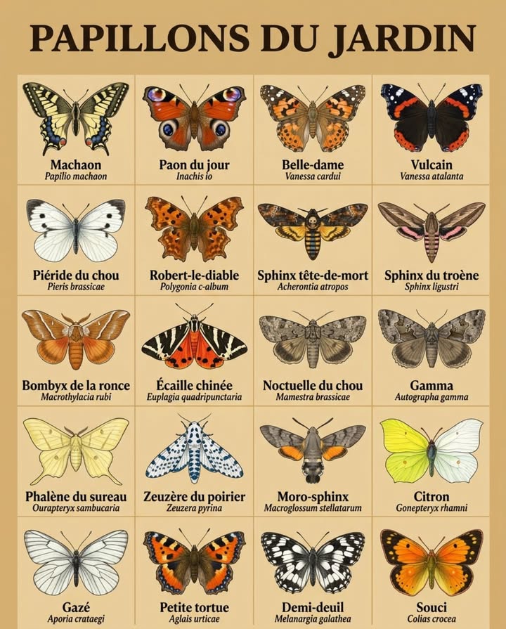20 papillons. Tous issus des chenilles visibles dans un jardin français.

Ce poster montre ce que deviennent les chenilles que tu croises sur tes feuilles  et ce que tu gagnes quand tu laisses le cycle se terminer. La chenille rayée noire et orange sur ton fenouil donnera ce machaon. Les chenilles noires épineuses sur tes orties donneront ce paon du jour et cette petite tortue. La chenille grise discrète sur ton troène donnera ce sphinx qui pollinise tes fleurs de nuit.

Ce qui passe inaperçu : la grande majorité des papillons de nuit pollinisent les fleurs à tube long que les abeilles ne peuvent pas atteindre  digitales, valérianes, chèvrefeuilles. Un jardin sans papillons de nuit est un jardin avec des fleurs mal pollinisées. Le sphinx du troène vole à 50 km/h et enfonce sa trompe de 8 cm dans les fleurs de pétunia en vol stationnaire  aucun autre pollinisateur nen est capable.

Un bon réflexe : laisser les orties dans un coin du jardin. Elles hébergent simultanément les chenilles du paon du jour, de la petite tortue, de la belle-dame, du vulcain et du robert-le-diable  cinq espèces de papillons parmi les plus spectaculaires de France, sur une seule plante.

#PapillonsDuJardin #InsectesDeFrance #JardinNaturel #PollinisateursFrance