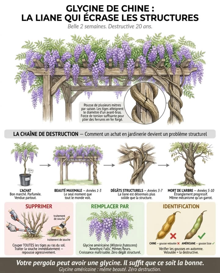 La glycine sur votre pergola fleurit deux semaines en avril. Les cinquante autres semaines, les tiges épaississent à lintérieur de chaque assemblage de la structure. 

La glycine de Chine Wisteria sinensis peut pousser de plusieurs mètres par saison. Les tiges ligneuses atteignent le diamètre dun avant-bras et exercent une force de torsion suffisante pour plier les ferrures métalliques, fissurer les poutres et décoller les gouttières par derrière.

Quand elle atteint un arbre, elle spirale autour du tronc en se resserrant chaque année. En épaississant, elle étrangle lécorce jusquà bloquer la circulation des nutriments. La canopée au-dessus de létreinte meurt progressivement.

La destruction se fait en quatre étapes :
Achat  bon marché, parfumée, vendue partout.
Beauté maximale années 1-3  le seul moment que tout le monde voit.
Dégâts structurels années 3-7  la liane est désormais plus solide que la structure.
Mort de larbre années 5-10  étranglement progressif, effet garrot.

Léchange qui conserve les fleurs :
Glycine américaine Wisteria frutescens, cultivar Amethyst Falls  mêmes fleurs violettes, même parfum, croissance très inférieure. Ne détruit pas les structures, ne strangule pas les arbres, ne se propage pas par stolons. 

Identifier laquelle vous avez : vérifier les gousses en automne. Gousses veloutées = Wisteria sinensis la destructive. Gousses lisses = Wisteria frutescens la bonne.

Votre pergola peut avoir une glycine. Il suffit que ce soit la bonne.

#glycine #planteEnvahissante #jardinage #pergola