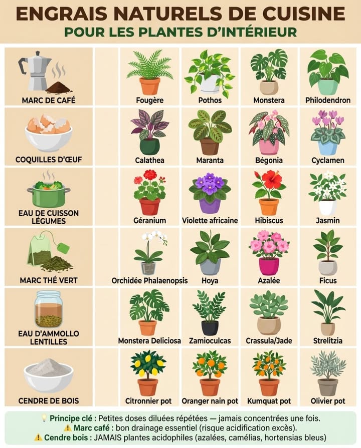 Chaque semaine cuisine produit déchets contenant nutriments précis pour plantes pot. Majorité finit poubelle compost pendant que plantes restent carencées 

Engrais synthétiques commerce répliquent souvent mêmes composés trouvés marc café, coquilles œuf ou eau cuisson légumes  avec ajout conservateurs stabilisateurs que plantes nutilisent pas. Différence : déchets cuisine vous les avez déjà, coût zéro, naltèrent pas pH substrat brusquement.

Principe toujours même : petites doses diluées répétées, jamais concentrées une fois.

Marc café usagé : riche azote manganèse, idéal mélangé terreau fougères, pothos, monstera petite quantité max 1 c. soupe/pot moyen tous 3 semaines. NUANCE : peut acidifier sol si excès  bon drainage essentiel.

Coquilles œuf broyées finement : libèrent calcium lentement, utiles plantes feuilles recroquevillées bords calathées, marantes, bégonias. Sécher 2-3 jours, moudre poudre fine, mélanger terreau surface.

Eau cuisson légumes non salée : contient potassium microéléments, refroidie comme eau arrosage occasionnelle plantes fleurs géraniums, violettes africaines, hibiscus.

Marc thé vert : légèrement acide, compatible orchidées, hoya, acidophiles azalées. Laisser sécher, émietter surface terreau.

Eau trempage lentilles : riche azote organique, diluée 1:5 avec eau, 1/mois plantes feuilles larges monstera, philodendron, ficus. Laisser tremper lentilles 24h, utiliser eau trempage pas lentilles.

Cendre bois non traité : source potassium calcium, pointe cuillère café substrat agrumes pot. JAMAIS plantes acidophiles azalées, camélias, hortensias bleus  cendre alcalinise sol.

Plante qui jaunit lentement souvent pas besoin produit nouveau  besoin ce que vous jetez déjà.

#EngraisNaturels #PlantesIntérieur #ZéroDéchet #RecyclageJardin