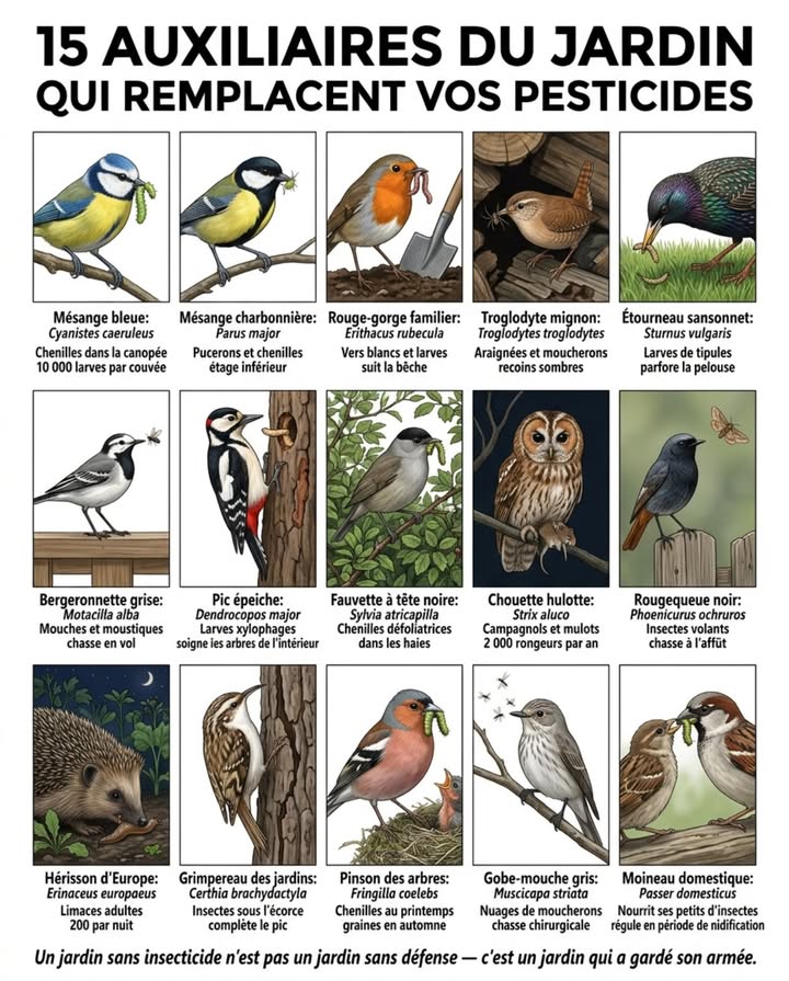 Ils passent entre les rangs avant vous le matin, inspectent chaque feuille et travaillent sans salaire de mars à octobre. Un jardin sans insecticide nest pas un jardin sans défense  cest un jardin qui a gardé son armée.

Chaque espèce occupe un créneau de chasse précis que les autres ne couvrent pas : la mésange bleue dans la canopée, le rouge-gorge au sol derrière la bêche, le troglodyte dans les recoins sombres, le pic épeiche dans les troncs, la chouette hulotte la nuit sur les campagnols.

Pulvériser un insecticide dans un jardin où ces oiseaux nichent, cest empoisonner la chaîne alimentaire qui les maintient. Le premier à partir sera le dernier à revenir.

#OiseauxDuJardin #JardinSansPesticide #LutteNaturelle #BiodiversitéAuPotager