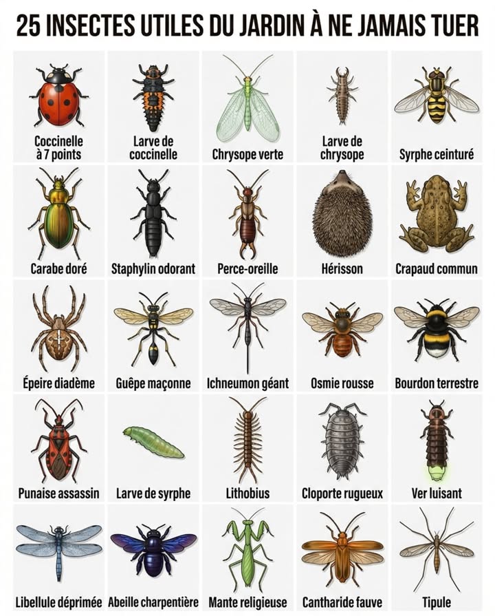 Ils patrouillent entre les rangs de légumes, nichent dans le paillage et chassent la nuit sous les feuilles. La plupart des jardiniers les écrasent par réflexe ou les éliminent avec le premier insecticide venu. Chacun de ces 25 insectes détruit un ravageur spécifique  les tuer revient à licencier ses propres gardes du corps.
Coccinelle à 7 points Coccinella septempunctata  Larve de coccinelle aspect crocodile noir et orange, plus vorace que ladulte  Chrysope verte Chrysoperla carnea  Larve de chrysope dévore jusquà 500 pucerons avant nymphose  Syrphe ceinturé Episyrphus balteatus  Carabe doré Carabus auratus  Staphylin odorant Ocypus olens  Perce-oreille Forficula auricularia  Hérisson Erinaceus europaeus, mammifère mais allié majeur  Crapaud commun Bufo bufo, dévore limaces, chenilles et cloportes la nuit  Araignée épeire diadème Araneus diadematus  Guêpe solitaire maçonne Sceliphron destillatorium  Ichneumon géant Rhyssa persuasoria  Abeille solitaire osmie Osmia bicornis  Bourdon terrestre Bombus terrestris  Punaise assassin Rhynocoris iracundus  Larve de syrphe asticot translucide vert, dévore colonies de pucerons entières  Mille-pattes lithobius Lithobius forficatus  Cloporte rugueux Porcellio scaber  Ver luisant Lampyris noctiluca, larve mangeuse de limaces et escargots  Libellule déprimée Libellula depressa  Abeille charpentière Xylocopa violacea  Mante religieuse Mantis religiosa  Cantharide fauve Rhagonycha fulva  Tipule des prairies Tipula paludosa, adulte inoffensif pollinisateur nocturne
Un jardin sans insecticide nest pas un jardin sans défense. Cest un jardin qui a gardé son armée.