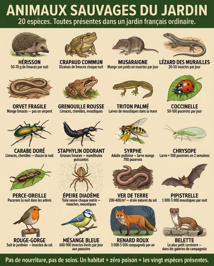 Vingt animaux sauvages vivent dans un jardin français ordinaire  et la plupart des propriétaires ne le savent pas. Ils nentendent que le merle. Ils ne voient que la mésange. Le reste vit sous leurs pieds, derrière le compost, dans la haie, sous les tuiles, entre les pierres et dans les trois premiers centimètres du sol  invisible, silencieux et essentiel.

Ce qui distingue un jardin vivant dun jardin stérile, ce nest pas la surface ni le nombre de fleurs. Cest le nombre despèces qui y dorment, y chassent, y pondent et y hivernent sans jamais être vues. Chaque animal de cette liste remplit un rôle que le jardinier paie cher quand lanimal a disparu  en pesticide, en piège, en remplacement de plantes détruites par les ravageurs que personne ne contrôle plus.

20 ANIMAUX SAUVAGES QUI VIVENT DANS VOTRE JARDIN SANS QUE VOUS LE SACHIEZ :

Le hérisson dEurope Erinaceus europaeus  le gardien de nuit. 700 à 1 000 grammes de prédateur nocturne qui patrouille le potager de 22h à 4h du matin. Régime : limaces sa proie principale au printemps, escargots, chenilles, larves de tipules, œufs de limaces, vers de terre. Un seul hérisson consomme entre 50 et 70 grammes de proies par nuit  léquivalent de 30 à 40 limaces de taille moyenne. Sur une saison de mars à octobre, un hérisson élimine entre 5 et 10 kg de ravageurs. Il hiberne de novembre à mars sous un tas de feuilles, de branches ou dans un recoin du compost  ne jamais brûler un tas de feuilles ou de branches sans vérifier. Population en déclin sévère dans toute lEurope  le granulé anti-limaces au métaldéhyde est la première cause de mortalité après la route.

Le crapaud commun Bufo bufo  le plus efficace de tous les prédateurs de limaces. Le crapaud adulte consomme plusieurs dizaines de limaces par nuit  plus que le hérisson rapporté à son poids. Il chasse à laffût, immobile, et projette sa langue collante sur tout ce qui bouge devant lui dans un rayon de 10 cm : limaces, chenilles, cloportes, araignées, fourmis. Il revient chaque nuit au même poste de chasse  souvent à la base dun mur, sous une planche, près du compost. Un jardin avec une mare de 2 m et un abri humide planche, pot retourné, tas de pierres attire et retient un crapaud pour des années. Ne jamais manipuler un crapaud  les glandes parotoïdes sécrètent un mucus irritant non dangereux mais désagréable.

La musaraigne commune Crocidura russula  le plus petit mammifère chasseur du jardin. 6 à 14 grammes, museau pointu, dents rougeâtres à lextrémité, cri ultrasonore aigu. La musaraigne est un insectivore pur  elle ne mange ni graines ni racines contrairement au campagnol avec lequel elle est souvent confondue. Elle consomme son propre poids en insectes et larves chaque jour  sa dépense énergétique est si élevée quelle meurt de faim en six à huit heures sans nourriture. Elle chasse 24h/24, hiver comme été, sous la litière de feuilles, dans les galeries de campagnols et dans les premiers centimètres du sol. Un jardin avec paillage permanent héberge des musaraignes sans que le propriétaire ne les voie jamais  elles sont trop rapides, trop petites et trop discrètes.

Le lézard des murailles Podarcis muralis  le chasseur du mur chaud. Il se poste sur les pierres chauffées par le soleil et capture mouches, araignées, chenilles, pucerons ailés et petits coléoptères dans un rayon dun mètre avec une accélération fulgurante. Un muret de pierres sèches exposé au sud héberge une population de cinq à dix lézards  chacun consomme entre 20 et 50 insectes par jour pendant les mois chauds. Le lézard des murailles est protégé  ne pas le capturer, ne pas le déranger, ne pas détruire son habitat les fissures entre les pierres sont ses logements.

Lorvet fragile Anguis fragilis  le lézard sans pattes que tout le monde prend pour un serpent. Corps lisse, brillant, brun-cuivré, sans écailles apparentes. Il na ni venin ni crochets. Il est totalement inoffensif  il ne peut même pas mordre efficacement. Lorvet chasse les limaces, les escargots juvéniles et les vers de terre dans la litière de feuilles, sous les planches et dans les zones humides du jardin. Un orvet sous une planche posée au sol est un allié du potager  ne pas le déranger. Protégé par la loi.

La grenouille rousse Rana temporaria  lamphibien du jardin humide. Elle quitte la mare après la ponte février-mars et passe le reste de lannée sur terre  dans les zones humides et ombragées du jardin, sous les buissons, dans le compost, à la base des haies. Elle chasse limaces, chenilles, mouches, moustiques et cloportes. Un jardin avec une mare de 2 m et des zones de végétation basse humide pas de gazon ras héberge des grenouilles adultes toute la saison. Protégée.

Le triton palmé Lissotriton helveticus  lhabitant permanent de la mare. Il passe le printemps dans leau pour se reproduire, puis reste à proximité dans les zones humides du jardin sous les pierres, dans le compost, sous les tas de bois. Il mange des larves de moustiques dans la mare et des petites limaces sur terre. Sa présence dans une mare de jardin est un indicateur de qualité de leau  les tritons désertent les mares polluées. Protégé.

La coccinelle à sept points Coccinella septempunctata  le prédateur de pucerons le plus connu. Un adulte consomme entre 50 et 100 pucerons par jour. Une larve de coccinelle grise, allongée, hérissée de pointes oranges  souvent confondue avec un ravageur et écrasée par ignorance en consomme entre 300 et 500 pendant son développement. Les coccinelles hivernent en groupe sous les écorces, dans les fissures de mur et dans les amas de feuilles mortes  ne pas  nettoyer  les recoins du jardin en automne.

Le carabe doré Carabus auratus  le tueur de limaces nocturne. Coléoptère vert métallique de 2 à 3 cm, incapable de voler, qui court à grande vitesse entre les rangs de légumes chaque nuit. Il mange son propre poids en limaces, chenilles et larves chaque nuit. La planche posée à plat sur le sol entre deux rangs de légumes est son dortoir de jour  dix à quinze carabes sous une seule planche en saison.

Le staphylin odorant Ocypus olens  le  diable de jardin . Grand coléoptère noir allongé qui relève labdomen en posture de menace quand il est dérangé. Inoffensif malgré son apparence  ses mandibules sont puissantes mais il ne pique pas. Il chasse les grosses limaces, les chenilles et les larves que les carabes plus petits ne peuvent pas attaquer. Sous les mêmes planches que le carabe doré.

Le syrphe ceinturé Episyrphus balteatus  la mouche qui ressemble à une guêpe. Corps jaune et noir rayé, vol stationnaire au-dessus des fleurs  souvent confondu avec une guêpe et chassé. Le syrphe adulte est un pollinisateur important il visite les fleurs pour le nectar. Sa larve est un prédateur de pucerons aussi vorace que la coccinelle  une larve de syrphe consomme entre 400 et 700 pucerons pendant son développement. Les larves sont translucides, en forme de petite limace verte, et se trouvent au milieu des colonies de pucerons  ne pas les écraser.

La chrysope commune Chrysoperla carnea  le  lion des pucerons . Insecte vert pâle aux ailes transparentes de dentelle, yeux dorés. Ladulte se nourrit de pollen et de nectar. La larve  minuscule, grise, avec des mandibules en forme de pinces  est lun des prédateurs de pucerons les plus efficaces du jardin. Une larve de chrysope consomme entre 200 et 500 pucerons en deux semaines. Les chrysopes hivernent dans les bâtiments  elles entrent dans les greniers, les garages et les appentis en automne et y passent lhiver immobiles sur les murs. Ne pas les balayer  elles sortiront seules au printemps.

Le perce-oreille Forficula auricularia  le chasseur nocturne des pucerons. Omnivore  mange les pucerons, les œufs dinsectes, les petites chenilles et les fruits mûrs abîmés. Le pot en terre cuite retourné rempli de paille dans larbre est son dortoir stratégique  il monte chaque nuit dans la canopée pour nettoyer les colonies de pucerons que la coccinelle na pas atteintes.

Laraignée épeire diadème Araneus diadematus  la toile du jardin. Sa toile orbiculaire tendue entre les buissons et les tiges capture des dizaines de mouches, moustiques, moucherons et papillons de nuit par jour. Lépeire construit une nouvelle toile chaque matin  elle mange lancienne récupération des protéines de soie et en tisse une neuve en trente minutes. Un jardin avec des structures verticales tuteurs, tiges de graminées, branches basses offre des points dancrage pour les toiles  les jardins  trop propres  sans support vertical hébergent moins daraignées.

Le ver de terre anécique Lumbricus terrestris  lingénieur du sol. Le plus grand ver de terre de France 10 à 30 cm. Il creuse des galeries verticales permanentes jusquà deux mètres de profondeur. Chaque galerie est un drain naturel  leau darrosage sinfiltre dix à vingt fois plus vite le long dune galerie de ver que dans un sol sans galeries. Il remonte la matière organique de la surface vers la profondeur enfouissement des feuilles mortes et remonte les nutriments de la profondeur vers la surface turricules à la surface. Un sol de jardin sain contient entre 200 et 400 vers par mètre carré  entre une et deux tonnes par hectare. Le labour et les pesticides divisent cette population par dix.

La chauve-souris pipistrelle Pipistrellus pipistrellus  le système anti-moustiques aérien. Sort chaque soir au crépuscule de sous une tuile ou dune fissure de mur et capture entre 1 000 et 3 000 moustiques, mouches et papillons de nuit par nuit de chasse. Une colonie de 30 pipistrelles sous un toit supprime entre 30 000 et 90 000 insectes par nuit  le dispositif antimoustique le plus performant du quartier.

Le rouge-gorge familier Erithacus rubecula  le compagnon du jardinier. Il suit le jardinier qui bêche pour capturer les vers de terre, les larves et les insectes mis au jour. Il chante sur le manche de la bêche pendant la pause. Il niche dans la haie la plus dense et la plus basse. Il est le seul oiseau du jardin qui reste visible et vocal douze mois sur douze  même en janvier, son chant mélodieux résonne depuis le sommet du composteur.

La mésange bleue Cyanistes caeruleus  linsecticide vivant. Un couple de mésanges bleues avec des poussins au nid effectue entre 600 et 900 allers-retours par jour pour nourrir les six à douze poussins. Chaque trajet = un insecte chenille, puceron, araignée. Un nichoir à mésange de 25 mm de diamètre fixé à 2 mètres de hauteur dans un arbre ou sur un poteau produit la suppression de 15 000 à 25 000 insectes en trois semaines délevage  sans compter la consommation des adultes le reste de lannée.

Le renard roux Vulpes vulpes  le régulateur invisible des campagnols. Le renard qui traverse le jardin à la tombée de la nuit nest pas un nuisible. Il élimine entre 3 000 et 5 000 campagnols et mulots par an  le prédateur le plus efficace des rongeurs ravageurs dans les jardins ruraux et périurbains. Un jardin sans clôture infranchissable, avec un passage de 15 cm au ras du sol dans la clôture, permet au renard de patrouiller la nuit.

Le hérisson, le crapaud, le renard  la même chaîne de contrôle des ravageurs que lagrochimie tente de remplacer avec des granulés, des appâts et des raticides. Sauf que la chaîne biologique se reproduit, sadapte, se renforce chaque année et ne coûte rien. Le produit chimique doit être racheté chaque saison et détruit la chaîne qui le rendrait inutile.

La belette Mustela nivalis  le plus petit carnivore dEurope. 15 à 20 cm de corps, 50 à 100 grammes, corps serpentiforme assez fin pour entrer dans les galeries de campagnols. La belette chasse exclusivement les campagnols et les mulots  elle entre dans leurs tunnels et les poursuit sous terre. Un jardin rural avec un muret de pierres sèches et des haies champêtres héberge parfois une belette sans que le propriétaire ne la voie jamais  elle est trop rapide, trop petite et trop discrète. Sa présence se détecte aux crottes fines, noires, torsadées déposées sur les pierres plates.

Vingt espèces. Aucune ne demande de nourriture, de soins ni dattention. Elles demandent un habitat  une haie pour les oiseaux, une mare pour les amphibiens, une planche pour les carabes, un mur pour les lézards, un tas de feuilles pour le hérisson et aucun poison nulle part. Le jardin qui offre ces cinq éléments héberge les vingt espèces  et les vingt espèces protègent le jardin mieux que le rayon phytosanitaire de la jardinerie.

#AnimauxSauvagesDuJardin #20Espèces #FauneDuJardin #JardinVivant #ZéroPesticide