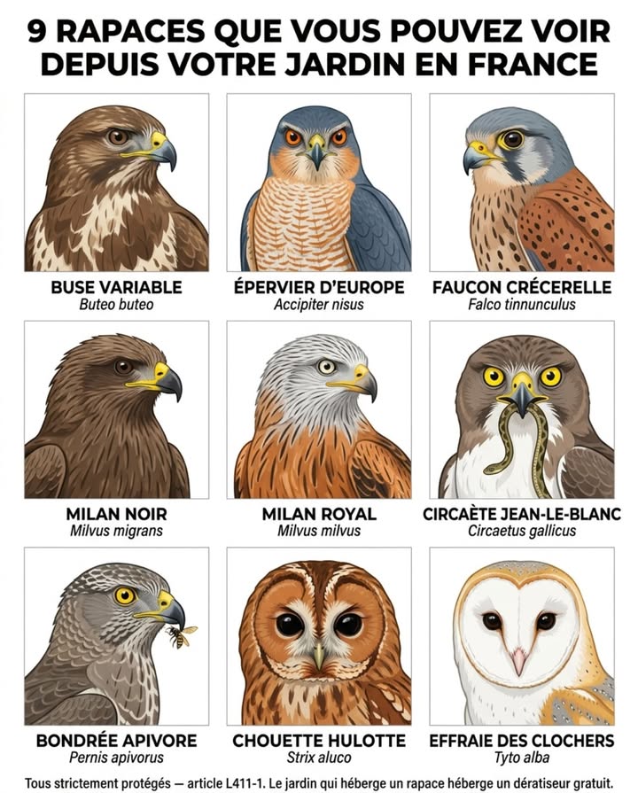 Les neuf aigles du poster sont spectaculaires  mais sept dentre eux ne survolent pas la France. Laigle royal dans les Pyrénées, les Alpes et les Cévennes, et le pygargue à queue blanche qui recolonise lentement les grands lacs et estuaires. Deux espèces daigles sur le territoire français  et pourtant, des rapaces, le ciel de France en est plein. Le jardinier qui lève les yeux en mars aperçoit des silhouettes en vol plané au-dessus de son terrain chaque semaine  et la majorité ne sait pas les nommer.

9 RAPACES QUE VOUS POUVEZ VOIR DEPUIS VOTRE JARDIN EN FRANCE :

LA BUSE VARIABLE Buteo buteo  le rapace le plus commun de France. Présente dans chaque département, chaque vallée, chaque lisière de forêt. Envergure de 110 à 130 cm. Plumage extrêmement variable  du brun sombre uniforme au presque blanc, avec toutes les combinaisons de taches et de barres intermédiaires. La buse se reconnaît en vol par sa silhouette large et arrondie, ses ailes relevées en V aplati pendant le vol plané et sa queue courte étalée en éventail. Elle tourne en cercles lents au-dessus des prairies et des lisières, portée par les courants ascendants, et plonge sur les campagnols, les mulots et les taupes quelle repère à 200 mètres daltitude grâce à une acuité visuelle huit fois supérieure à celle de lhumain. Son cri  un miaulement prolongé  hiiiiiaa  descendant  est le son de rapace le plus fréquent du ciel français. Un couple de buses sur un territoire de 1 à 3 km consomme entre 2 000 et 4 000 campagnols par an  le régulateur de rongeurs le plus efficace du paysage agricole.

LÉPERVIER DEUROPE Accipiter nisus  le chasseur de la haie. Petit rapace de 55 à 70 cm denvergure le mâle est un tiers plus petit que la femelle  lun des dimorphismes sexuels les plus marqués chez les oiseaux. Ailes courtes et arrondies, longue queue barrée, vol rapide et agile entre les branches. Lépervier ne plane pas au-dessus des prairies  il chasse en embuscade dans les haies, les jardins et les lisières. Il surgit au ras dune haie à grande vitesse, surprend un moineau ou une mésange sur la mangeoire et disparaît avant que lobservateur ait eu le temps de réagir. Le jardinier qui voit un éclair gris-bleu traverser le jardin à hauteur de haie et entend un explosion de cris dalarme des passereaux a vu un épervier en chasse. Sa présence au jardin est le signe dune population de petits oiseaux saine  lépervier ne sinstalle que là où les proies sont abondantes.

LE FAUCON CRÉCERELLE Falco tinnunculus  le vol stationnaire au-dessus de lautoroute. Le crécerelle est le seul rapace de France qui pratique le vol stationnaire régulier le  Saint-Esprit   il bat des ailes rapidement en fixant un point au sol à 10 à 30 mètres de hauteur, immobile dans lair comme un hélicoptère, la tête parfaitement stable pendant que le corps oscille dans le vent. Cette technique lui permet de repérer les campagnols dans lherbe rase des talus dautoroute, des accotements de route et des jachères. Le crécerelle est le rapace le plus visible des automobilistes  il stationne au-dessus des bas-côtés et des ronds-points à quelques mètres de la circulation. Envergure de 65 à 80 cm. Le mâle a la tête gris-bleu, le dos roux tacheté de noir et la queue grise avec une bande noire terminale. La femelle est entièrement brune barrée. Le cri  un  ki-ki-ki-ki  rapide et insistant  est entendu depuis les clochers déglise, les pylônes et les immeubles où le crécerelle niche dans les cavités.

LE MILAN NOIR Milvus migrans  le planeur des rivières. Envergure de 140 à 155 cm  plus grand que la buse, avec une queue longue et fourchue la fourche est visible de loin en vol plané. Plumage brun sombre uniforme. Le milan noir est un migrateur  il arrive de lAfrique en mars et repart en août. Il est lié à leau  il suit les rivières, les lacs et les zones humides où il pêche les poissons morts en surface, capture les grenouilles et les campagnols et récupère les charognes sur les routes. Les rassemblements de milans noirs au-dessus des décharges et des stations dépuration comptent parfois des centaines dindividus. En vol, le milan noir se distingue de la buse par sa queue fourchue la buse a une queue arrondie et son vol plus souple et ondulant.

LE MILAN ROYAL Milvus milvus  le plus élégant des rapaces français. Envergure de 145 à 165 cm. Plumage roux-orangé sur le corps, tête gris-blanc, ailes longues et coudées avec de grandes taches blanches visibles en dessous, queue longue et profondément fourchue  la plus fourchue de tous les rapaces européens. Le milan royal est un planeur spectaculaire  il tournoie au-dessus des prairies et des vallées pendant des heures sans un battement, ajustant sa trajectoire avec de subtils mouvements de sa queue fourchue qui fonctionne comme un gouvernail. Il se nourrit de campagnols, de taupes, de vers de terre et de charognes. Le milan royal est en augmentation en France après un déclin sévère dans les années 1970 à 1990 empoisonnement secondaire par les rodenticides  les Pyrénées, le Massif central, le Jura et lAlsace hébergent les principales populations. La distinction avec le milan noir est facile en vol : le royal est roux-orangé avec une queue profondément fourchue, le noir est brun sombre avec une queue peu fourchue.

LE CIRCAÈTE JEAN-LE-BLANC Circaetus gallicus  le mangeur de serpents. Grand rapace de 160 à 180 cm denvergure  presque aussi grand quun aigle. Dessus brun, dessous blanc presque immaculé avec de fines barres. Tête ronde et massive avec de grands yeux jaunes. Le circaète est un spécialiste des reptiles  il capture les couleuvres, les orvets et parfois les vipères dans les garrigues, les lisières de forêt et les prairies sèches. Il pratique le vol stationnaire comme le crécerelle mais à une altitude beaucoup plus élevée 30 à 50 mètres et avec une envergure trois fois supérieure  un spectacle impressionnant. Migrateur  il arrive en mars et repart en septembre. Présent dans le sud, le Massif central, les vallées alpines et les garrigues méditerranéennes.

LA BONDRÉE APIVORE Pernis apivorus  le rapace qui mange des guêpes. Envergure de 120 à 145 cm  taille de buse mais avec une tête plus petite et plus étroite et une queue plus longue avec des barres sombres distinctes. La bondrée est le seul rapace européen spécialisé dans les insectes sociaux  elle déterre les nids de guêpes et de bourdons, dévore les larves et les adultes, protégée par un plumage facial écailleux et dense qui résiste aux piqûres. Elle mange aussi les grenouilles, les lézards et les chenilles. Migratrice  elle arrive en mai et repart en septembre, traversant le détroit de Gibraltar et le Sahara en bandes de centaines dindividus.

LA CHOUETTE HULOTTE Strix aluco  le rapace nocturne du jardin. La hulotte nest pas un aigle  mais cest le rapace le plus proche de la maison. Envergure de 80 à 100 cm. Plumage brun-roux ou brun-gris deux phases de coloration dans la même espèce, grands yeux noirs, disque facial rond. La hulotte est le rapace nocturne le plus commun de France  elle niche dans les cavités darbres, les greniers, les clochers et les nichoirs dans chaque village, chaque parc et chaque jardin boisé. Son chant  le  hou-hou-houou  flûté du mâle suivi du  kiiiiwitt  perçant de la femelle  est audible de novembre à mars dans chaque quartier arboré de France. Un couple de hulotte consomme entre 1 000 et 2 000 campagnols et mulots par an dans un rayon de 500 mètres autour du nid  le système de dératisation le plus efficace et le plus silencieux du quartier.

LEFFRAIE DES CLOCHERS Tyto alba  le fantôme blanc du grenier. Envergure de 85 à 95 cm. Dessus doré-fauve tacheté de gris et de blanc, dessous blanc immaculé, disque facial en forme de cœur blanc pur, yeux noirs. Leffraie est le rapace nocturne le plus lié aux bâtiments humains  elle niche exclusivement dans les granges, les clochers, les greniers et les ruines. Son vol silencieux et son plumage blanc lui donnent lapparence dun fantôme quand elle traverse le faisceau des phares la nuit  doù les légendes de  dames blanches  dans les campagnes françaises. Leffraie est en déclin sévère en France  la rénovation des granges fermeture des ouvertures, la pose de filets dans les clochers contre les pigeons, mais qui bloquent aussi les effraies et la mortalité routière leffraie chasse le long des routes et se fait percuter par les voitures réduisent ses effectifs. Un nichoir spécifique caisson de 50  50  30 cm avec une ouverture de 12  15 cm fixé dans une grange ou un grenier non rénové offre un site de nidification irremplaçable. Un couple deffraies dans un bâtiment consomme entre 2 000 et 3 000 campagnols et mulots par an.

CES 9 RAPACES SONT TOUS STRICTEMENT PROTÉGÉS :

Chaque espèce de rapace diurne et nocturne de France est protégée par larticle L411-1 du Code de lenvironnement  les individus, les nids ET les sites de reproduction sont protégés toute lannée. Tuer, capturer, déranger, empoisonner ou détruire le nid dun rapace est un délit puni de 150 000 euros damende et de 3 ans demprisonnement. La protection est absolue  elle couvre la buse sur le poteau, le crécerelle sur le clocher, lépervier dans la haie et la hulotte dans le grenier.

Le jardinier qui entend la hulotte dans son jardin la nuit ou qui voit la buse tourner au-dessus de son terrain le matin ne voit pas un prédateur. Il voit un système de régulation des campagnols qui fonctionne gratuitement, silencieusement et toute lannée  et qui ne demande rien en retour sauf un arbre avec une cavité et un paysage où les campagnols vivent dans les prairies au lieu de mourir dans les rodenticides.

#RapacesDeFrance #BuseVariable #FauconCrécerelle #ChouetteHulotte #9RapacesAuJardin
