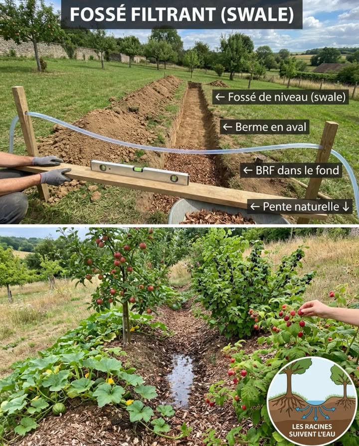 Un fossé filtrant creusé en travers de la pente capture leau de pluie qui ruisselle vers la route  et la redistribue sous terre vers les racines des arbres et des cultures en contrebas. Aucune pompe, aucun tuyau, aucune énergie. La gravité fait tout le travail. Le jardinier na creusé quune seule fois.

Le principe est ancien  les agriculteurs des zones arides lutilisent depuis des millénaires. Un swale est un fossé peu profond creusé parfaitement de niveau sur une courbe de niveau du terrain. Leau qui dévale la pente entre dans le fossé et sarrête  elle ne peut pas continuer parce que le fond est horizontal. Piégée dans le fossé, elle na nulle part où aller sauf vers le bas : elle sinfiltre lentement dans le sol et recharge la nappe superficielle en aval. Les racines des arbres et des cultures plantés juste en contrebas du fossé interceptent cette eau souterraine pendant des semaines après la dernière pluie.

Le problème que le swale résout est invisible mais massif. Sur un terrain en pente  même légère, 2 à 3 % suffisent  une pluie de 20 mm produit 200 litres deau par tranche de 10 m. Sans swale, cette eau dévale la surface, emporte la couche fertile du sol, sature les points bas et finit dans le réseau pluvial sans avoir nourri une seule racine. Avec un swale, la même pluie est interceptée, stockée dans le sol et distribuée aux plantes par capillarité pendant les jours suivants. Le jardinier qui arrose en été compense souvent leau que la pente a évacuée au printemps.

CONSTRUCTION EN UN APRÈS-MIDI :

Identifier la pente. Même un jardin qui paraît plat a une pente  poser une planche de 2 mètres avec un niveau à bulle suffit à la détecter. Leau coule toujours quelque part. Le swale se creuse perpendiculairement à cette direction.

Tracer la courbe de niveau. Deux piquets, un tuyau darrosage transparent rempli deau et un mètre : quand le niveau deau est identique aux deux extrémités du tuyau, les deux piquets sont à la même altitude. Relier les piquets  cette ligne est la courbe de niveau. Le fossé suit exactement cette ligne.

Creuser le fossé. Largeur de 30 à 50 cm, profondeur de 20 à 30 cm  pas plus. Un swale de jardin nest pas un canal dirrigation. Cest un piège à eau superficiel. La terre extraite est systématiquement déposée en aval du fossé pour former un bourrelet la  berme   cest sur cette berme surélevée que les arbres et les cultures seront plantés, juste au-dessus de la zone dinfiltration maximale.

Ne pas compacter le fond. Le fond du swale doit rester meuble et perméable  cest par là que leau sinfiltre. Si le sol est argileux et imperméable, casser le fond à la fourche-bêche sur 15 cm sans retourner. Ajouter une couche de 5 cm de broyat de branches BRF dans le fond  le bois fragmenté maintient la porosité et nourrit les champignons du sol qui structurent les agrégats.

Planter la berme. Les arbres fruitiers et les arbustes à racines profondes vont directement sur la berme en aval  leurs racines plongeront vers la zone humide sous le swale. Pommiers, poiriers, pruniers, noisetiers, cassissiers, groseilliers, framboisiers. Les cultures annuelles courges, tomates, haricots sinstallent sur la face aval de la berme. Les aromatiques méditerranéennes thym, romarin, lavande vont sur la crête de la berme  zone la plus drainée.

Pailler le fond du fossé avec des feuilles mortes ou du BRF sur 10 cm. Ce paillage ralentit encore linfiltration, nourrit le sol et empêche les graines dadventices de germer dans le fossé.

COMPORTEMENT DE LEAU SUR TROIS ANS :

Année 1 : le swale capte les premières pluies et sinfiltre lentement. Le sol en aval est visiblement plus humide que le sol en amont après chaque épisode pluvieux. Les arbres plantés sur la berme développent un système racinaire orienté vers la zone dinfiltration.

Année 2 : les racines des arbres ont atteint la zone humide permanente sous le swale. Larrosage estival est réduit de moitié ou supprimé pour les arbustes à petits fruits. Le fossé se remplit moins vite  le sol structuré par les racines et les champignons absorbe leau plus rapidement.

Année 3 et après : le swale est devenu invisible. Les plantes de la berme lont colonisé, le paillage sest transformé en humus, le fossé ressemble à un simple creux naturel dans un jardin abondant. Leau de pluie ne ruisselle plus  elle disparaît dans un sol qui la boit. Les fruitiers sur la berme produisent sans arrosage sauf en canicule prolongée.

DIMENSIONNEMENT POUR UN JARDIN STANDARD :

Un swale de 5 mètres de long, 40 cm de large et 25 cm de profondeur stocke environ 500 litres deau par épisode de pluie  léquivalent de cinq arrosoirs de 100 litres distribués gratuitement sous les racines à chaque averse. Sur une saison de mars à octobre en climat français moyen, un seul swale intercepte et stocke plusieurs milliers de litres qui auraient fini dans les caniveaux.

Un fossé, une berme et la pluie fait le reste. Le jardin le plus économe en eau est celui qui a appris à boire tout seul.

#SwaleDeJardin #FosséFiltrant #PermacultureEau #JardinSansArrosage #JardinageBiologique