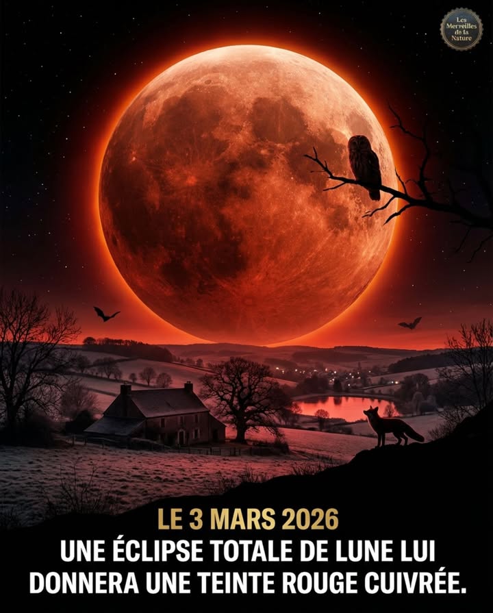 Le 3 mars 2026, le ciel nous offrira un spectacle rare et fascinant : une éclipse totale de Lune.
À cette occasion, notre satellite se parera dune teinte rouge cuivrée, souvent appelée  Lune de sang . Ce phénomène se produit lorsque la Terre sinterpose entre le Soleil et la Lune, filtrant la lumière solaire à travers son atmosphère.
Au-delà de sa beauté saisissante, cette éclipse rappelle lharmonie et la précision de lunivers.
Un moment suspendu, propice à la contemplation  et à lobservation de la faune nocturne française.
Durant une éclipse lunaire, la lumière changeante perturbe les comportements nocturnes :
– Les chouettes hulottes intensifient leurs chasses  lobscurité soudaine favorise leurs proies
– Les renards roux deviennent plus audacieux  moins de lumière signifie plus de sécurité
– Les chauves-souris ajustent leur vol  la navigation change avec la luminosité lunaire
– Les hérissons sortent plus tôt  la pénombre modifie leurs rythmes
 Un rendez-vous à ne pas manquer, aussi bien pour les passionnés dastronomie que pour les observateurs de la faune qui aiment lever les yeux  et les abaisser  vers la nature nocturne.