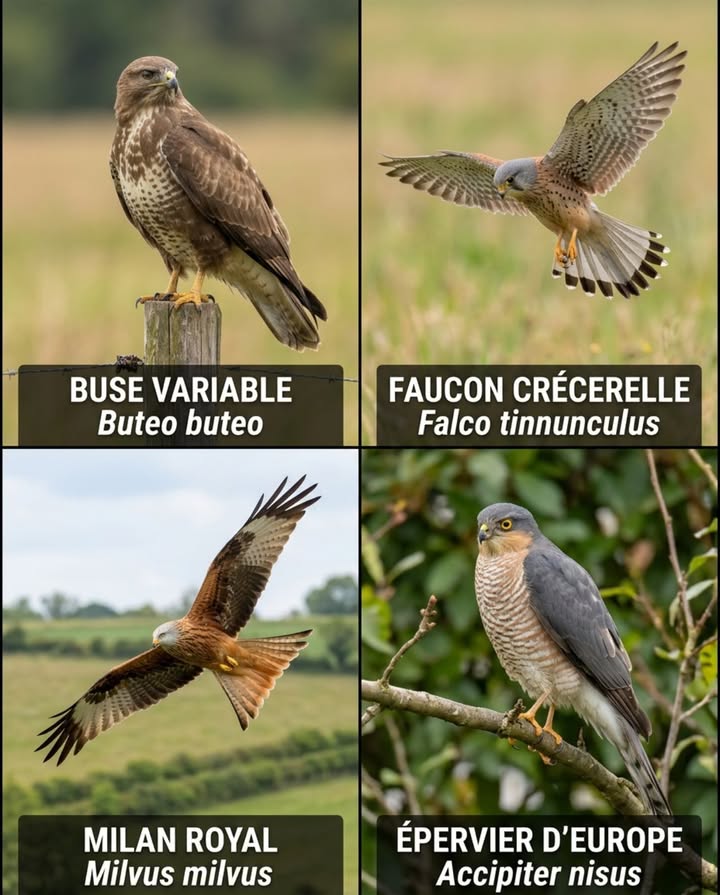 On les regroupe sous le nom “rapaces”, mais ce sont quatre espèces distinctes avec des techniques de chasse, des proies et des territoires entièrement différents. 

4 RAPACES COMMUNS DU JARDIN ET DES CHAMPS FRANÇAIS

Buse variable Buteo buteo  Le plus commun 55 cm. Plumage très variable du brun foncé au presque blanc. Vol plané lent en cercles, cri mélancolique caractéristique. Chasse les campagnols depuis les poteaux et les branches basses  500 à 800 par an.

Faucon crécerelle Falco tinnunculus  Le seul rapace capable de vol stationnaire en battant des ailes  technique unique pour repérer les rongeurs au sol. Mâle à tête grise, femelle brun rayé. Niche dans les clochers et les falaises.

Milan royal Milvus milvus  Reconnaissable à sa queue fourchue rousse et ses ailes anguleuses. Envergure de 180 cm. Charognard et opportuniste  suit les tracteurs lors des labours. En fort déclin  sa présence signale un écosystème intact.

Épervier dEurope Accipiter nisus  Le chasseur doiseaux du jardin. Vol en rase-mottes entre les haies, frappe en surprise. Mâle minuscule 30 cm, femelle nettement plus grande 38 cm. Sa présence régule les populations de moineaux et de mésanges en bonne santé.

Tous quatre protégés par lArticle L411-1 du Code de lenvironnement. 

#RapacesDeFrance #OiseauxDuJardin #RecognitionOiseaux #BiodiversitéFrance