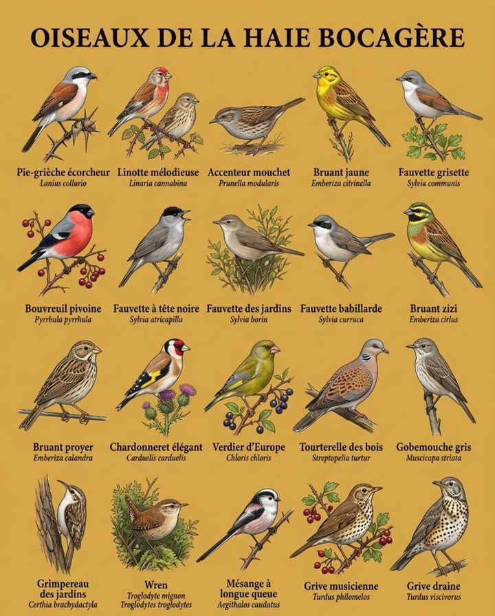 Ces vingt espèces vivent dans la structure dense dune haie bocagère mature  pas dans la haie de thuyas taillée ras, mais dans la haie étagée avec ses épineux, ses arbustes à baies et ses zones non taillées en hiver. 

Quelques comportements que limage ne montre pas :

La pie-grièche écorcheur empale ses proies sur les épines du prunellier  une réserve alimentaire suspendue quelle retrouve plusieurs jours plus tard. On appelle ça un garde-manger.
La linotte mélodieuse niche à 30 cm du sol dans les épineux denses  ses œufs bleu-vert tachetés sont parmi les plus beaux des passereaux européens.
Laccenteur mouchet ressemble à une femelle moineau  mais son bec fin et sa démarche furtive au sol le trahissent immédiatement.
Le bruant zizi chante depuis le sommet dune tige exposée, répétant la même phrase courte en boucle  son nom est une imitation de son chant.
La fauvette grisette monte sur le point le plus haut de la haie pour chanter  et plonge dedans dès quelle est inquiétée. 

Une haie bocagère étagée avec ses épineux, ses baies et ses zones non taillées doctobre à mars accueille tout cela. Une haie de conifères, non.

#OiseauxDeHaie #HaieBocagère #BiodiversitéJardin #LPO