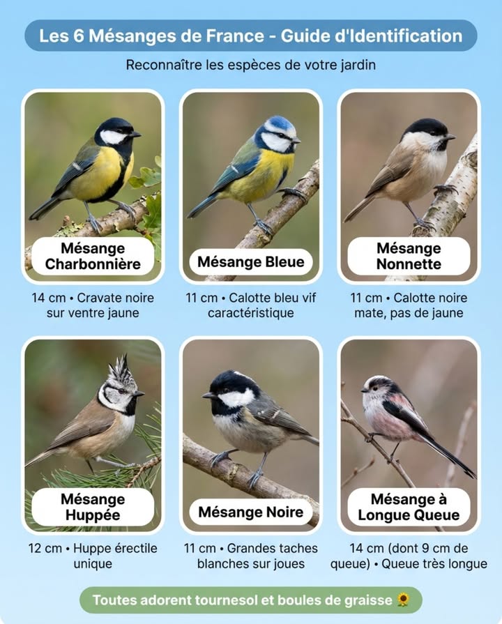 Six espèces de mésanges fréquentent les jardins français en hiver. La plupart des gens nen reconnaissent quune ou deux. 

LES 6 MÉSANGES DE FRANCE  GUIDE DIDENTIFICATION

Mésange charbonnière Parus major  14 cm
La plus grande et la plus dominante aux mangeoires. Calotte noire brillante, joues blanches, cravate noire sur ventre jaune vif. Chant reconnaissable : “ti-tu, ti-tu”. Elle hiérarchise laccès aux ressources  les autres attendent quelle parte.

Mésange bleue Cyanistes caeruleus  11 cm
Calotte bleu cobalt caractéristique, dos verdâtre, ventre jaune. La plus acrobate : elle se nourrit suspendue à lenvers sur les boules de graisse. Souvent en compétition directe avec la charbonnière.

Mésange nonnette Poecile palustris  11 cm
Calotte noire MATE pas brillante comme la charbonnière, bavette noire sous le bec, pas de jaune. Préfère les forêts de feuillus matures mais visite les jardins boisés en hiver. Plus discrète que les deux précédentes.

Mésange huppée Lophophanes cristatus  12 cm
Huppe noire et blanche érectile unique  impossible à confondre. Joues blanches avec croissant noir. Rarement en jardin : elle suit les peuplements de conifères. Sa présence dans votre jardin indique des pins ou des épicéas à proximité.

Mésange noire Periparus ater  11 cm
Petite et trapue. Calotte et bavette noires, grandes taches blanches sur les joues bien distinctives. Dos gris-brun. Spécialiste des pins  souvent en compagnie de la huppée.

Mésange à longue queue Aegithalos caudatus  14 cm dont 9 cm de queue
Minuscule corps rond sur une très longue queue. Plumage rose, blanc et noir. Visite en groupe bruyant de 10 à 20 individus  toute la famille hiverne ensemble. Elle ne creuse pas son propre nid : elle tisse une boule de mousse et de lichen.

Toutes apprécient les graines de tournesol et les boules de graisse. La composition du groupe qui visite votre mangeoire dépend de ce qui pousse dans votre jardin  les mésanges huppée et noire ne viennent que si des conifères sont proches. 

#MésangesFrance #OiseauxDeJardin #IdentificationOiseaux #ObservationNature
