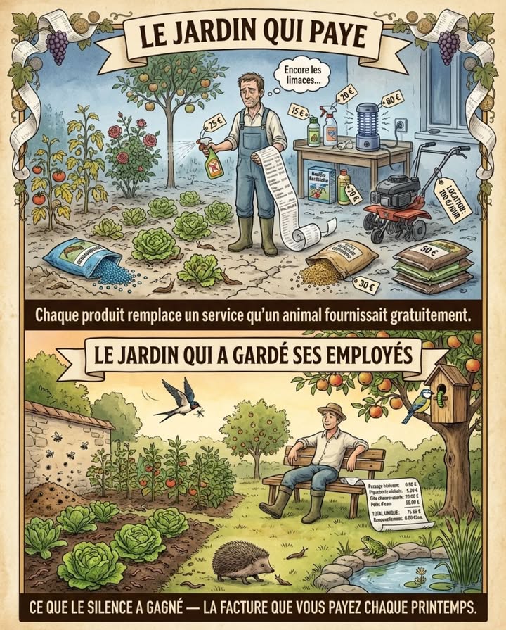 Il y a trente ans, personne ne parlait de limaces. Pas parce quelles nexistaient pas  mais parce que six prédateurs différents les mangeaient chaque nuit avant quelles natteignent les salades. Personne ne parlait de moustiques  parce que les hirondelles en attrapaient 600 par jour et les pipistrelles 3 000 par nuit. Personne ne parlait de pucerons  parce que les mésanges en livraient 10 000 à leurs poussins en trois semaines et que les perce-oreilles nettoyaient le reste dans lobscurité. Personne ne parlait de sol dur  parce que les vers de terre le labouraient en silence, que les carabes laéraient en chassant et que les champignons connectaient les racines entre elles sans aucune intervention.

On ne parlait pas de ces problèmes parce quils étaient résolus par des employés que personne ne voyait, que personne ne payait et que personne ne remerciait.

Aujourdhui, chaque problème que le jardinier combat avec un produit, un piège ou un outil est un service quun animal éliminé fournissait gratuitement.

Les limaces mangent les salades. Le jardinier achète des granulés anti-limaces  entre 8 et 15 euros par saison pour un potager moyen. Les granulés tuent les limaces. Ils tuent aussi le hérisson qui mangeait les limaces, le crapaud qui les gobait, le carabe qui les chassait et la grive qui cassait les escargots. La saison suivante, les limaces reviennent en premier  leur cycle de reproduction est le plus court. Les prédateurs ne reviennent pas  leur cycle est le plus long. Le jardinier rachète des granulés. Le cercle ne sarrête pas  il saccélère. Chaque saison avec granulés produit une saison suivante avec plus de limaces et moins de prédateurs. Le produit qui semblait résoudre le problème est devenu le problème.

Le coût du remplacement : si le hérisson, le crapaud, le carabe et la grive étaient encore là, les granulés seraient inutiles. Coût de la solution naturelle : un passage de 13 cm dans la clôture gratuit, un point deau de 2 m 50 euros de bâche, une pierre plate au sol gratuit, un mètre carré dorties non arrachées gratuit. Total : 50 euros une seule fois. Coût des granulés sur dix ans : 80 à 150 euros  et le problème empire.

Les moustiques envahissent la terrasse. Le jardinier achète une lampe UV, un diffuseur de citronnelle, des spirales fumigènes, parfois un traitement professionnel à la deltaméthrine du jardin  entre 50 et 300 euros par saison. Le traitement professionnel tue les moustiques. Il tue aussi les abeilles solitaires, les syrphes, les papillons de nuit et les chrysopes  les auxiliaires qui pollinisaient le potager et dont les larves dévoraient les pucerons. La saison suivante, les moustiques reviennent. Les pollinisateurs et les auxiliaires ne reviennent pas. Le potager produit moins parce que la pollinisation est déficiente. Les pucerons explosent parce que les auxiliaires ont disparu. Le jardinier achète un traitement anti-pucerons en plus du traitement anti-moustiques. Deux produits au lieu de zéro.

Le coût du remplacement : un couple dhirondelles 6 000 insectes/jour  une colonie de pipistrelles 3 000 moustiques/nuit  un bassin naturel de 2 m avec des larves de libellules qui mangent les larves de moustiques = régulation permanente sans aucun produit. Coût : une planchette sous le toit 5 euros de bois, un gîte à chauves-souris 20 euros de planches, un point deau 50 euros. Total : 75 euros une seule fois. Aucune recharge. Aucun abonnement.

Le sol est dur et les plantes souffrent. Le jardinier achète du terreau en sacs pour amender  entre 30 et 80 euros par saison pour un potager de 20 m. Il achète des engrais liquides pour compenser la pauvreté du sol  15 à 30 euros par saison. Il loue un motoculteur chaque printemps pour casser la croûte  30 à 50 euros la journée. Total annuel : 75 à 160 euros, chaque année, pour forcer un sol mort à produire quelque chose.

Le coût du remplacement : les vers de terre brassent 40 à 100 tonnes de terre par hectare et par an  gratuitement. Les champignons mycorhiziens connectent les racines aux réserves minérales profondes  gratuitement. Les couverts végétaux fixent lazote et structurent le sol  le prix dun sachet de graines de phacélie ou de trèfle, 3 euros. Total : 3 euros et trois ans de patience. Après trois ans sans labour, sans chimie