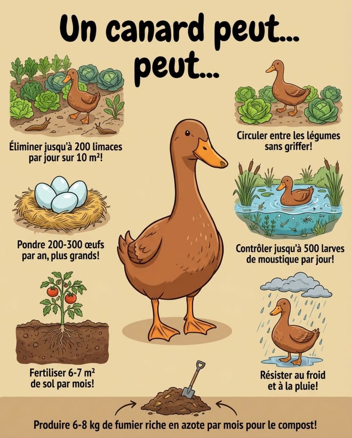 Les limaces détruisent votre potager. Les pesticides tuent les auxiliaires. Il existe une troisième option. 閭

Un canard de basse-cour fait ce quaucun produit ne fait : il chasse, fertilise et pond  sans jamais griffer le sol.

UN CANARD PEUT…

Éliminer jusquà 200 limaces par jour sur 10 m
Les canards sont des prédateurs de limaces naturellement efficaces. Contrairement aux poules, leurs pattes palmées ne griffent pas la terre ni ne déterrent les racines. Ils circulent entre les plants sans dommage.

Pondre 200-300 œufs par an
Des œufs plus grands et plus riches en jaune que les œufs de poule. Les races très productives comme le Coureur Indien ou le Khaki Campbell atteignent les volumes hauts de cette fourchette.

Fertiliser 6-7 m de sol par mois
Le fumier de canard est riche en azote, directement utilisable en compost. Un canard produit environ 6-8 kg de fumier par mois  soit 1 m de compost azoté sur lannée.

Contrôler les larves de moustique dans les mares
Jusquà 500 larves par jour dans un bassin naturel. Les canards maintiennent une mare propre tout en se nourrissant  double fonction sans produit chimique.

Résister au froid et à la pluie mieux que les poules
Les canards sont naturellement adaptés aux conditions humides et fraîches, typiques du climat français. Moins de contraintes sanitaires en saison pluvieuse.

Le canard de basse-cour est lauxiliaire du potager le plus sous-estimé de France. Efficace sur les limaces, neutre sur les végétaux, productif en œufs et en fumier. 

#CanardAuPotager #PermacultureFrance #JardinNaturel #LimacesBioControl