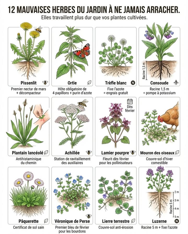 Elles envahissent les allées, colonisent les planches et percent le paillage. La plupart des jardiniers passent des heures à genoux à les arracher  ou pire, les pulvérisent de glyphosate. Chacune de ces 12 plantes que tout le monde appelle  mauvaises herbes  travaille gratuitement pour le jardin  et les arracher revient à débrancher un service que personne na commandé mais dont tout dépend.

Pissenlit Taraxacum officinale sa racine pivot de 30 cm décompacte le sol mieux quune grelinette, ses fleurs en mars sont la première source de nectar et de pollen quand les abeilles sortent dhibernation affamées  tondre les pissenlits en mars prive les pollinisateurs de leur premier repas de lannée. Les feuilles sont comestibles en salade, les racines torréfiées remplacent le café.

Ortie Urtica dioica hôte obligatoire du paon du jour, du vulcain, du robert-le-diable et de la petite tortue  ces quatre papillons ne peuvent pondre QUE sur lortie et leurs chenilles ne mangent QUE de lortie. Sans ortie, pas de papillons. Les feuilles fermentées dix jours dans leau produisent le purin dortie  lengrais azoté liquide le plus efficace du jardin, gratuit et renouvelable.

Trèfle blanc Trifolium repens fixe lazote atmosphérique dans le sol grâce à ses nodules racinaires  une pelouse avec trèfle na besoin daucun engrais. Ses fleurs nourrissent les abeilles tout lété. Les jardiniers qui léliminent au désherbant sélectif dépensent ensuite en engrais ce que le trèfle fournissait gratuitement.

Consoude Symphytum officinale racine pivot de 1,50 m qui remonte les minéraux profonds inaccessibles aux légumes  potassium, bore, calcium. Les feuilles coupées et posées en paillage au pied des tomates libèrent un engrais potassique naturel en se décomposant. Le purin de consoude est le complément parfait du purin dortie  azote dun côté, potassium de lautre.

Plantain lancéolé Plantago lanceolata les feuilles froissées et appliquées sur une piqûre dinsecte soulagent la douleur et le gonflement en quelques minutes  lantihistaminique du chemin, disponible partout de mars à novembre. Indicateur de sol tassé  sa présence signale un passage fréquent qui compacte la terre.

Achillée millefeuille Achillea millefolium ses ombelles plates attirent les syrphes et les guêpes parasitoïdes  les prédateurs naturels des pucerons. Éliminer lachillée dune bordure supprime la station de ravitaillement des auxiliaires qui protègent les légumes voisins. Résiste à la tonte et revient indéfiniment.

Lamier pourpre Lamium purpureum fleurit dès février quand presque rien dautre ne nourrit les pollinisateurs. Couvre-sol naturel qui protège la terre nue de lérosion et du dessèchement en attendant les semis de printemps. Se retire sans effort quand le moment du semis arrive.

Mouron des oiseaux Stellaria media couvre-sol dhiver qui protège le sol nu quand le potager est vide. Les feuilles sont comestibles en salade  goût doux et frais. Les poules le dévorent et il constitue un complément alimentaire riche en vitamine C pour la basse-cour.

Pâquerette Bellis perennis indicatrice de sol sain et non traité chimiquement  les pâquerettes disparaissent des pelouses traitées aux herbicides. Ses fleurs sont comestibles et décorent les salades. Sa présence dans une pelouse est un certificat de bonne santé du sol.

Véronique de Perse Veronica persica minuscules fleurs bleu vif dès février qui nourrissent les premiers bourdons et les abeilles solitaires. Couvre-sol qui empêche la croûte de battance sur les sols limoneux nus. Se retire naturellement quand les cultures se développent et prennent la lumière.

Lierre terrestre Glechoma hederacea couvre-sol persistant qui empêche lérosion sous les arbres et dans les zones ombragées où rien dautre ne pousse. Fleurs violettes discrètes en avril visitées par les bourdons. Aromatique  les feuilles froissées sentent la menthe et étaient utilisées pour aromatiser la bière avant le houblon.

Luzerne Medicago sativa racine pivot de 2 à 5 mètres qui décompacte les sols les plus lourds et ramène les minéraux des profondeurs. Fixe lazote comme le trèfle. Les agriculteurs la sèment volontairement  les jardiniers larrachent. La même plante, deux réputations opposées.

La prochaine fois que la binette lève, un dixième de seconde de reconnaissance suffit à sauver un allié qui travaillait en silence depuis des mois.

#MauvaisesHerbes #PlantesAlliées #JardinSansHerbicide #JardinÉcologique #BiodiversitéDuSol