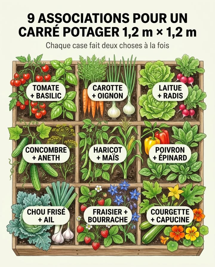 Dans un carré potager de 1,2 m  1,2 m, chaque plante doit faire deux choses à la fois. Les bonnes associations économisent lespace, améliorent laération et compliquent la tâche des ravageurs. 

9 associations testées pour un carré de 9 cases :
Tomate  basilic  le basilic repousse les aleurodes, les deux aiment la chaleur.
Carotte  oignon  les odeurs combinées déroutent la mouche de la carotte et la teigne du poireau.
Laitue  radis  le radis marque les rangs et se récolte avant que la laitue couvre tout.
Concombre  aneth  laneth attire les auxiliaires qui régulent les pucerons du concombre.
Haricot  maïs  le haricot fixe lazote, le maïs sert de tuteur. Prévoir 1 seul pied de maïs  il prend beaucoup de place dans un petit carré.
Poivron  épinard  lépinard couvre le sol et réduit lévaporation sous les poivrons.
Chou frisé  ail  lail éloigne les pucerons cendrés du chou.
Fraisier  bourrache  la bourrache attire les pollinisateurs et repousse les vers du fraisier.
Courgette  capucine  la capucine attire les pucerons loin de la courgette. 

#associationsDePlantes #carréPotager #compagnonage #potager 華