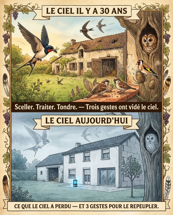 Il y a trente ans, le ciel du jardin était occupé du matin au soir. Les hirondelles rasaient la pelouse à toute vitesse en mai. Les martinets hurlaient au-dessus des toits de juin à août  un cri strident en bande qui annonçait lété aussi sûrement que le premier melon. Les moineaux se chamaillaient dans le lierre du mur à longueur de journée. La chouette hulotte chantait dans le grand arbre au fond du terrain dès que la nuit tombait. Le ciel du jardin nétait pas un décor  cétait un espace aérien patrouillé en permanence par des chasseurs dinsectes, des régulateurs de rongeurs et des pollinisateurs de passage.

Ce ciel est vide maintenant. Trois gestes lont vidé.

Le premier geste : sceller. Lhirondelle rustique Hirundo rustica nichait dans chaque grange, chaque garage, chaque étable ouverte en permanence. Son nid de boue collé à une poutre ne demandait quun accès de 10 cm et une surface rugueuse. Les granges sont devenues des lofts. Les garages ont des portes motorisées. Les étables sont fermées pour les normes sanitaires. Lhirondelle revient chaque avril au même nid  et la porte est close. Un couple avec cinq poussins éliminait plus de 6 000 insectes volants par jour pendant trois semaines. Le moustique, la mouche, le moucheron que personne ne supporte en terrasse le soir ont perdu leur principal prédateur aérien  parce quune porte de garage sest automatisée.

Le martinet noir Apus apus nichait dans les interstices sous les tuiles, dans les coffres de volets, dans les fissures entre les pierres. Il ne se pose jamais au sol  il mange, boit, dort et saccouple en vol. Son seul besoin terrestre est une fente de 3 cm de large et 5 cm de haut sous un toit pour y glisser son nid. Lisolation thermique par lextérieur  panneaux de polystyrène collés sur les façades  a scellé chaque fissure, chaque interstice, chaque entrée. Le martinet revient dAfrique en mai et trouve un mur lisse sans aucun accès. Les populations de martinets noirs ont chuté significativement dans les villes françaises rénovées.

Le moineau domestique Passer domesticus nichait dans les coffres de volets, les trous de murs, les espaces sous les tuiles de rive. Il nourrissait ses poussins exclusivement dinsectes pendant trois semaines  araignées, chenilles, pucerons. Environ 60 % des effectifs urbains ont disparu en France depuis les années 1990 selon le MNHN. La double cause est architecturale et chimique  plus de cavités pour nicher, plus dinsectes pour nourrir les poussins.

Le geste qui répare lhirondelle : laisser une porte de grange, de garage ou dabri entrebâillée de 10 cm de mars à septembre. Installer une planchette support de nid 15  15 cm sous lavancée du toit à 2,50 m minimum. Maintenir un point de boue accessible  un coin de terre nue arrosé régulièrement. Lhirondelle colle son nid avec de la boue  un jardin entièrement paillé ou dallé supprime le matériau de construction.

Le geste qui répare le martinet : installer un nichoir à martinet sous le débord de toiture  un caisson plat avec une fente dentrée horizontale de 6  3 cm, fixé à plus de 5 mètres de hauteur. Lors des ravalements de façade et des travaux disolation, exiger la pose de briques-nichoirs intégrées au mur  des briques creuses avec une entrée frontale de 3 cm, encastrées dans la maçonnerie, invisibles de lextérieur. Plusieurs fabricants français en proposent. Le surcoût par brique est de 15 à 30 euros. Le martinet loccupe pour la vie.

Le geste qui répare le moineau : installer un nichoir collectif à moineaux trois cavités dentrée de 32 mm sous un même toit sous les avant-toits ou sur un mur abrité. Le moineau est grégaire  il niche en colonie et un nichoir isolé est moins attractif quun nichoir à trois compartiments. Laisser un carré de pelouse non traitée  les insectes qui y vivent sont le garde-manger des poussins.

Le deuxième geste : traiter. La chouette hulotte Strix aluco et la chouette effraie Tyto alba chassent les campagnols et les mulots  entre 2 000 et 4 000 rongeurs par couple et par an. Les rodenticides anticoagulants bromadiolone, difenacoum empoisonnent les rongeurs qui meurent lentement, titubent à découvert et deviennent des proies faciles pour les rapaces. Un seul campagnol empoisonné suffit à tuer une chouette. Les zones rurales qui utilisent massivement les anticoagulants perdent leurs rapaces nocturnes  puis se plaignent des pullulations de rongeurs que les rapaces régulaient gratuitement.

Le geste qui répare : supprimer les rodenticides en extérieur. Utiliser des pièges mécaniques uniquement. Installer un nichoir à chouette hulotte caisson 50  30  30 cm, trou dentrée de 12 cm ou un nichoir à effraie 100  50  50 cm, entrée rectangulaire de 18  12 cm avec rebord anti-chute. Laisser un vieil arbre à cavités debout.

Le troisième geste : tondre. Le chardonneret élégant Carduelis carduelis se nourrissait de graines de chardons, de séneçons, de centaurées et de cardères dans les jardins et les friches proches. Le débroussaillage systématique, la tonte rase des abords et larrachage des  mauvaises herbes  à graines ont supprimé son garde-manger. Le chardonneret na pas besoin dun nichoir  il a besoin quon arrête de faucher ses plantes nourricières avant quelles montent en graine.

Le geste qui répare : laisser monter en graines les chardons, les centaurées, les cardères et les séneçons dans un coin du jardin. Faucher après la dispersion des graines en novembre, pas en juillet.

Le ciel du jardin ne sest pas vidé par malchance. Il sest vidé parce que chaque fissure a été scellée, chaque poison a remonté la chaîne alimentaire et chaque graine a été coupée avant maturité. Rouvrir les fissures, supprimer les poisons et laisser les graines  le ciel se repeuple.

#CielDuJardin #Hirondelle #Martinet #MoineauDomestique #ChouetteHulotte