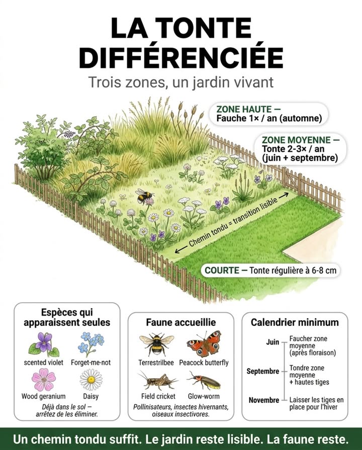 Une pelouse entièrement tondue nest pas un jardin  cest un désert vert. La tonte différenciée consiste à conserver des zones non tondues tout en maintenant un espace utilisable. Le résultat est plus riche visuellement et infiniment plus utile pour la faune. 

En pratique, trois zones :
Zone courte tondue régulièrement  cheminements, terrasse, aire de jeu. Tonte à 6-8 cm minimum, jamais au ras.
Zone moyenne tonte 2-3 fois par an  pelouse fleurie avec trèfle blanc, achillée, pâquerette, plantain. Tondre en juin après floraison, en septembre avant les gelées.
Zone haute tonte 1 fois par an maximum  prairie spontanée, graminées en touffe, ronces limitées. Faucher en automne, laisser les tiges debout pour les insectes hivernants.

Transition entre zones : un chemin tondu suffit à donner une lecture claire de lespace  le jardin reste lisible et entretenu. 

Les espèces qui apparaissent seules dans les zones non tondues  violette odorante, myosotis, géranium des bois  sont déjà dans le sol. Il suffit darrêter de les éliminer.

#tontedifférenciée #pelouseFleurie #jardinNaturel #biodiversitéJardin
