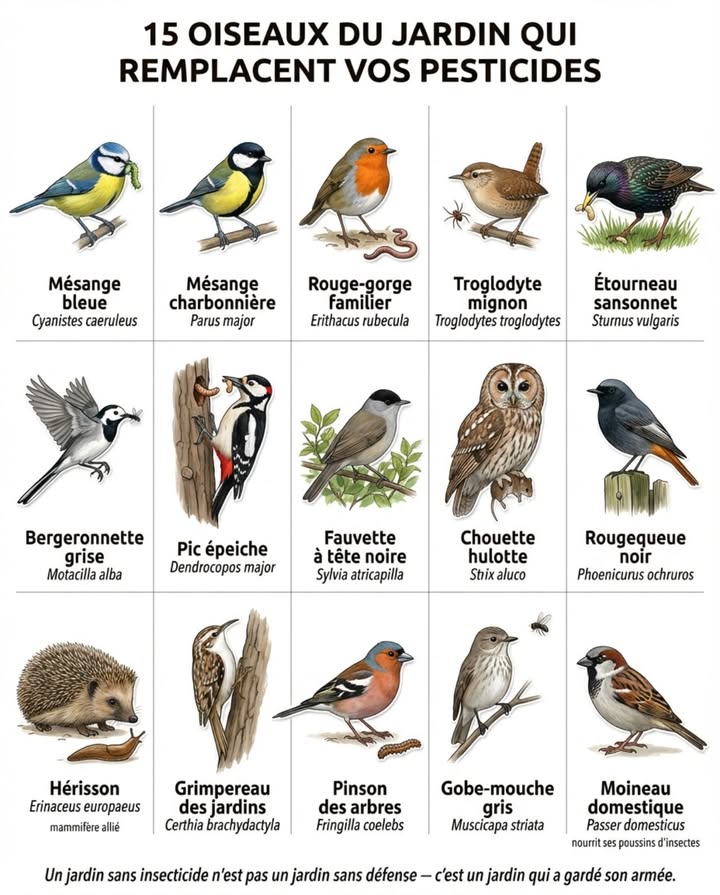Ils passent entre les rangs avant vous le matin, inspectent chaque feuille et travaillent sans salaire de mars à octobre. Une mésange bleue doit capturer dix mille chenilles pour élever une seule couvée  et certains jardiniers pulvérisent larbre où elle niche.

Les oiseaux du jardin ne sont pas décoratifs. Chaque espèce occupe un créneau de chasse précis que les autres ne couvrent pas. Supprimer les insectes au pulvérisateur, cest supprimer leur nourriture et les forcer à partir  puis sétonner que les ravageurs reviennent en force lannée suivante sans prédateur pour les contenir.

Mésange bleue  spécialiste des chenilles dans la canopée. Un couple nourrit ses poussins avec environ dix mille chenilles et larves en trois semaines. Installe des nichoirs à trou de 25 mm et elle soccupe de vos pommiers.

Mésange charbonnière  plus grande, chasse au sol et dans les branches basses. Mange chenilles, pucerons, araignées. Complète le travail de la bleue en couvrant létage inférieur.

Rouge-gorge  suit le jardinier qui bêche pour attraper les vers blancs, larves de tipules et petits invertébrés délogés. Sa présence à un mètre de votre bêche nest pas de la curiosité  cest de lopportunisme redoutable.

Troglodyte mignon  le plus petit oiseau du jardin, fouille les recoins sombres que personne dautre ne visite. Araignées, moucherons, pucerons cachés sous les feuilles retournées. Son chant puissant trahit un territoire quil défend avec une énergie disproportionnée.

Étourneau sansonnet  mal aimé pour son bruit et ses groupes. Pourtant, il enfonce son bec dans la pelouse pour extraire les larves de tipules et de hannetons qui détruisent les racines du gazon. Les taches jaunes dans votre pelouse en août, cest souvent leur absence qui les explique.

Bergeronnette grise  court sur les terrasses et les toits en attrapant mouches et moustiques au vol. Elle niche dans les interstices des murs et les gouttières  un nid discret quon détruit souvent en nettoyant les façades sans vérifier.

Pic épeiche  fore les troncs pour extraire les larves xylophages qui tuent les arbres de lintérieur. Les trous quil laisse ne fragilisent pas larbre  ils signalent quil la déjà soigné.

Fauvette à tête noire  discrète dans les haies, se nourrit de chenilles et de petits insectes dans le feuillage dense. Sans haie, pas de fauvette. Sans fauvette, les chenilles défoliatrices passent inaperçues jusquaux dégâts visibles.

Chouette hulotte  chasse la nuit les campagnols qui rongent les racines et les collets des jeunes arbres. Un couple consomme environ deux mille rongeurs par an. Son hululement dans le jardin nest pas inquiétant  cest une patrouille de nuit en cours.

Rougequeue noir  attrape les insectes volants depuis un perchoir exposé, souvent un piquet de clôture ou le bord du toit. Mouches, papillons de nuit, coléoptères  tout ce qui passe à sa portée dans un rayon de dix mètres.

Hérisson  pas un oiseau, mais le seul mammifère nocturne qui patrouille au sol entre les rangs. Dévore limaces, escargots, larves, vers gris. Un hérisson dans le potager remplace une rampe de granulés anti-limaces sur toute la saison.

Grimpereau des jardins  spirale le long des troncs en extrayant les insectes cachés dans les fissures de lécorce. Là où le pic frappe, le grimpereau inspecte  deux techniques complémentaires sur le même arbre.

Pinson des arbres  consomme chenilles et larves au printemps pour nourrir ses petits, puis bascule sur les graines en automne. Double fonction : régulateur de ravageurs au moment critique et disperseur de graines ensuite.

Gobe-mouche gris  arrive dAfrique en mai et capture les insectes volants depuis une branche dégagée avec une précision chirurgicale. Sa technique de chasse à laffût est si efficace quun seul individu peut vider un nuage de moucherons en une heure.

Pulvériser un insecticide dans un jardin où ces oiseaux nichent, cest empoisonner la chaîne alimentaire qui les maintient. Le premier à partir sera le dernier à revenir.

#OiseauxDuJardin #JardinSansPesticide #LutteNaturelle #MésangesBleues #BiodiversitéAuPotager