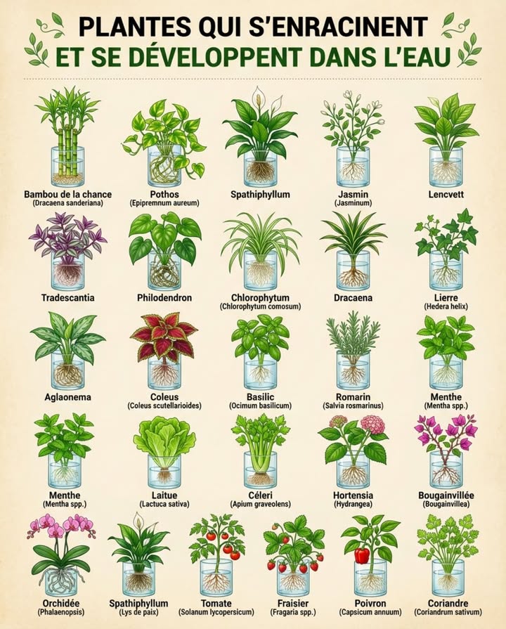Un vase en verre, de leau propre, de la lumière indirecte  et des dizaines de plantes senracinent et se développent sans terre. 

Classées par facilité de réussite :

Les plus simples résultats en 1-2 semaines : Pothos, Philodendron, Tradescantia, Menthe, Coleus, Coriandre fraîche du supermarché, Chlorophytum. Ces espèces enracinent si facilement dans leau que cest presque infaillible.

Pour une hydroculture permanente : Dracaena sanderiana bambou de la chance, Spathiphyllum, Dracaena, Aglaonema et Orchidée Phalaenopsis peuvent vivre indéfiniment dans leau avec un ajout de nutriments liquides toutes les 4-6 semaines.

Pour faire repartir les légumes démarrage temporaire avant rempotage : laitue, céleri, tomate, poivron. Couper la base et laisser repousser dans 2-3 cm deau  la plante reconstituera ses feuilles en quelques jours.

Pour le basilic et le romarin : bouturage en eau possible, mais les deux donnent de bien meilleurs résultats en terre après enracinement.

Changer leau une fois par semaine, ne jamais laisser les feuilles tremper, garder à la lumière sans soleil direct fort. 

#hydroculture #planteseaudans #jardinintérieur #jardinageurbain