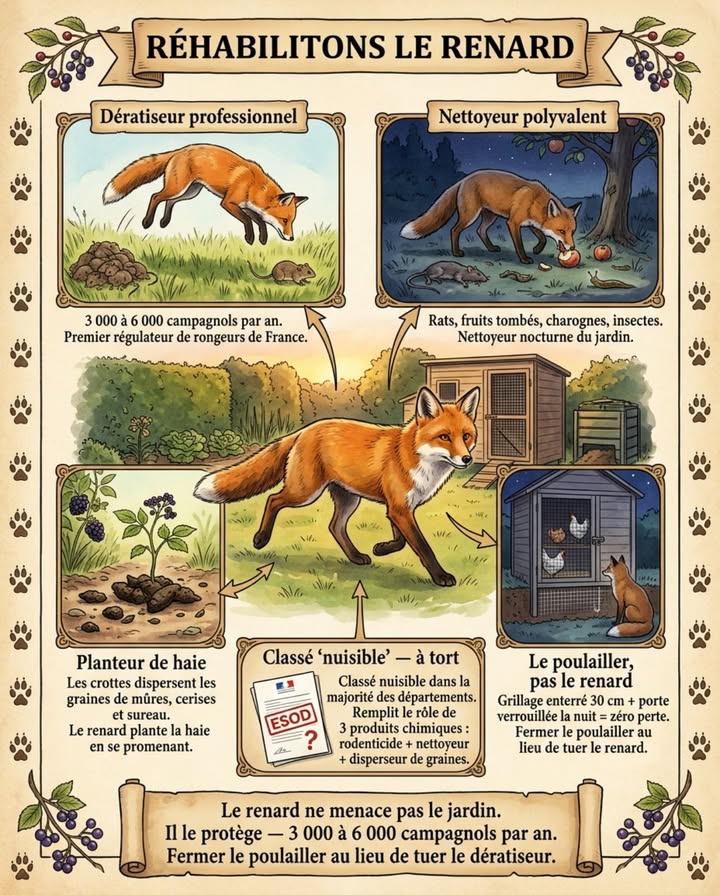 Le renard roux qui traverse votre jardin la nuit nest pas un prédateur de poules. Cest un dératiseur professionnel qui travaille gratuitement.

Un renard adulte consomme entre 3 000 et 6 000 campagnols par an  premier régulateur de rongeurs du paysage rural français
Il mange aussi les rats, les lapins de garenne en excès, les fruits tombés, les insectes et les charognes  nettoyeur polyvalent
Il nattaque les poules QUE si le poulailler est mal fermé  un grillage enterré de 30 cm et une porte verrouillée la nuit suffisent
Ses crottes dispersent les graines de mûres, de cerises et de sureau  le renard plante la haie champêtre en se promenant
Classé  nuisible  dans la plupart des départements français  alors quil remplit le rôle de trois produits chimiques à lui seul

Fermer le poulailler au lieu de tuer le renard 力

#RenardRouxDeFrance #DératiseurGratuit #FauneDesJardins #PasNuisible