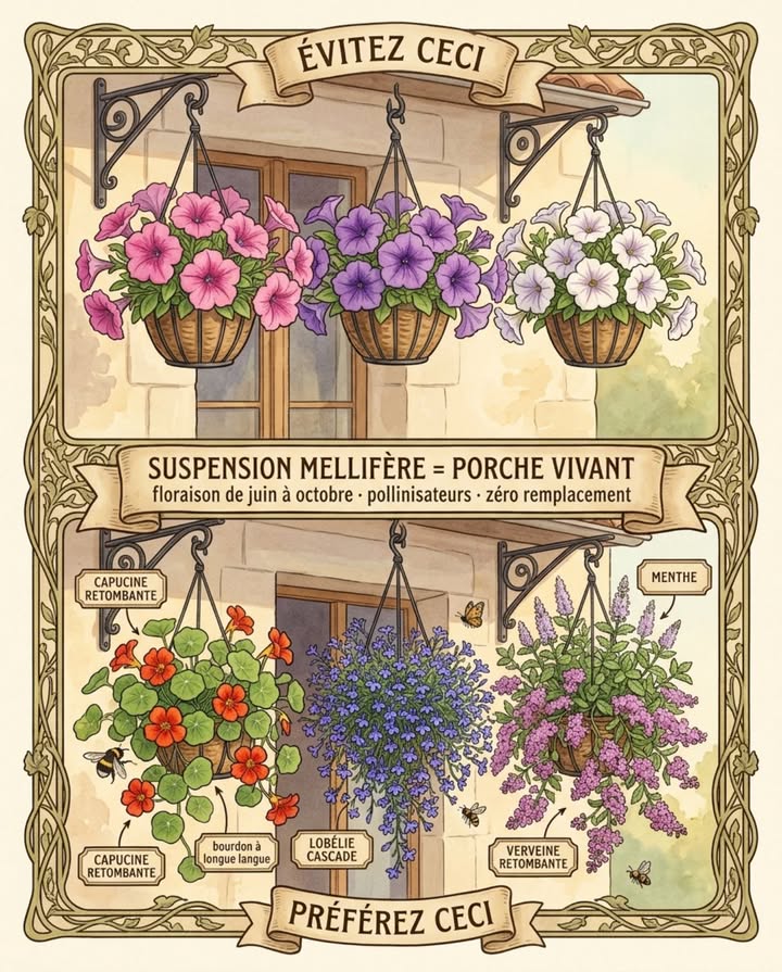 Des suspensions de pétunias alignées sur un porche, cest de la couleur sans fonction. Les variétés modernes à grandes fleurs  les plus vendues en jardinerie  ont été sélectionnées pour la taille et la longévité des pétales, pas pour la production de nectar. Ce qui reste dans le tube floral est souvent inaccessible aux insectes à trompe courte  soit la grande majorité des pollinisateurs du jardin français.

La suspension nectarifère locale, cest autre chose.

Là où lon remplace trois suspensions de pétunias par trois suspensions de plantes à floraison pendante naturelle, le porche devient un buffet aérien pour tout ce qui vole en hauteur. Capucine retombante en juin pour les bourdons à longue langue qui senfoncent dans chaque éperon. Lobélie cascade en juillet pour les petites abeilles solitaires attirées par le bleu intense. Verveine de Buenos Aires en août  haute, aérée, traversée de pollinisateurs en continu. Une menthe aquatique qui déborde en cascade et fleurit discrètement de juillet à septembre en attirant des dizaines despèces dinsectes sans jamais être arrosée plus dune fois par semaine.

Quatre plantes en suspension changent tout sans perdre une seule couleur de vue :

Capucine retombante Tropaeolum majus nain retombant  floraison orange-rouge-jaune de juin à octobre, comestible depuis la suspension, mellifère exceptionnel pour les bourdons à langue longue
Lobélie cascade Lobelia erinus pendula  floraison bleu-violet en rideau de juin à septembre, idéale en bordure de suspension, attire les petites abeilles solitaires
Verveine hybride retombante Verbena hybrida  port naturellement retombant, floraison rose-rouge-mauve de juin à octobre, résiste à la chaleur et à la sécheresse
Menthe Mentha spicata  floraison lilacée discrète de juillet à septembre, parfum répulsif pour les pucerons voisins, arrosage minimal

Ces quatre plantes fleurissent de juin à octobre sans interruption et certaines se ressèment spontanément dans les bacs voisins. Le pétunia grande fleur, lui, épuise son substrat en deux mois et ne nourrit rien.

#SuspensionMellifère #BalconBiodiversité #PlantesPollinisateurs #PorcheVivant