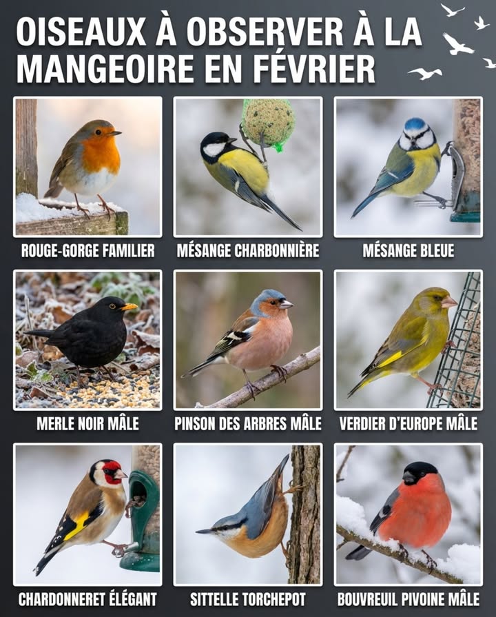9 espèces à identifier aux mangeoires en février.

Rouge-gorge familier : premier à laube, territorial
Mésange charbonnière : acrobate suspendue tête en bas
Mésange bleue : plus petite, se faufile entre les autres
Merle noir : fouille au sol sous la mangeoire
Pinson des arbres : arrive en bande de 10-20
Verdier dEurope : bec puissant casse tournesol
Chardonneret élégant : masque rouge, barre alaire jaune
Sittelle torchepot : descend troncs tête en bas
Bouvreuil pivoine : timide, poitrine rose vif

Graines tournesol non salées  boules graisse végétale  eau tiède renouvelée chaque matin.



#OiseauxMangeoire #IdentificationOiseaux #Février