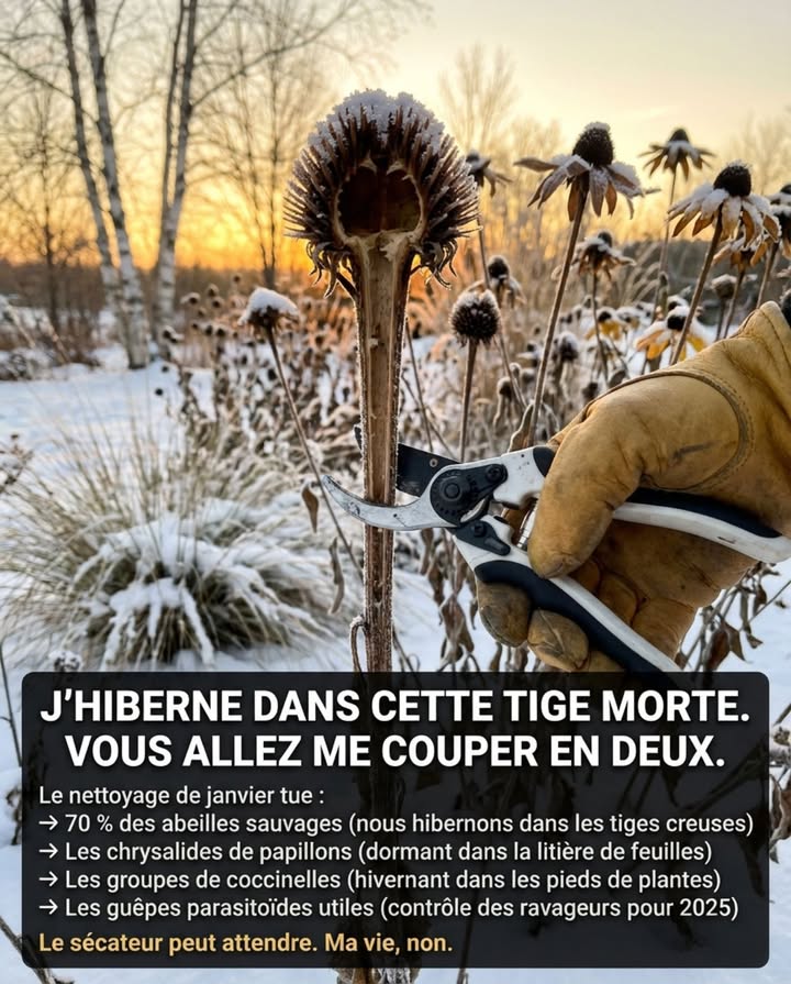 Jhiberne dans cette tige morte. Vous allez me couper en deux.

Le nettoyage hivernal du jardin détruit les endroits précis où les insectes utiles survivent.

Retarder le nettoyage protège les pollinisateurs, renforce le contrôle des ravageurs et favorise la croissance printanière.

Le nettoyage de janvier tue :
– 70 % des abeilles sauvages nous hibernons dans les tiges creuses
– Les chrysalides de papillons dormant dans la litière de feuilles
– Les groupes de coccinelles hivernant dans les pieds de plantes
– Les guêpes parasitoïdes utiles contrôle des ravageurs pour 2025

Les tiges creuses échinacée, tournesol, orpin, verveine abritent les abeilles sauvages durant lhiver

La litière de feuilles protège les chrysalides de papillons et les adultes hivernants

Les coccinelles, chrysopes, guêpes parasitoïdes et carabes dorment dans les couches de débris

Couper les vivaces en hiver brise les chambres dinsectes occupées

Ratisser les feuilles retire lisolation et les micro-habitats sûrs

MEILLEUR CALENDRIER

Laissez les plantes debout doctobre au début du printemps

Conservez la litière de feuilles dans les massifs comme paillage naturel

Ne taillez que le strict minimum pour la sécurité et laccès

RÈGLE DU NETTOYAGE PRINTANIER

Attendez que les températures diurnes restent au-dessus de 10 à 13C

Coupez les tiges à 30-40 cm de haut pour conserver de lhabitat

Laissez les tiges coupées dans un coin tranquille pour les insectes à émergence tardive

Le nettoyage retardé protège les pollinisateurs maintenant et construit un jardin plus fort ensuite.

Le sécateur peut attendre. Ma vie, non.