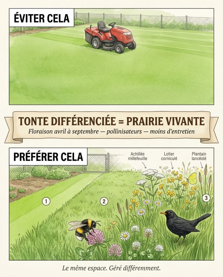 Une pelouse tondue à 5 cm toutes les semaines ne produit aucun nectar, aucune graine pour les oiseaux, aucun couvert pour les invertébrés du sol. Elle consomme de leau, de lengrais et du carburant pour rester rase  et ne rend presque rien. Le même espace géré différemment devient autre chose. 

Tonte différenciée sur la même surface  trois zones :

Zone 1  chemin et aire de jeu 30% de la surface : tondu toutes les 2 semaines. Usage normal.
Zone 2  tonte haute toutes les 3 semaines 40% : maintenu à 8-10 cm. Trèfle blanc, pâquerettes, plantain lancéolé sinstallent seuls.
Zone 3  prairie tardive 30% : une seule fauche en septembre après montée en graines.

Dès la deuxième année, cinq espèces apparaissent seules dans la zone 3 sans semis : trèfle blanc, achillée millefeuille, lotier corniculé, plantain lancéolé, pâquerettes. Les pollinisateurs arrivent dans les premières semaines  ils nont pas besoin dintroduction, juste dune surface quon a cessé de couper. 

Le merle noir chasse au crépuscule dans lherbe longue. Les carabes, qui dévorent les œufs de limaces, ont besoin dun couvert permanent pour se déplacer. La tonte rase les élimine.

Le coût est négatif : moins de passages de tondeuse, moins de carburant, moins darrosage. La zone prairie ne demande rien entre mars et septembre.

#tonteDifférenciée #pelouseFleurie #pollinisateursAuJardin #jardinage