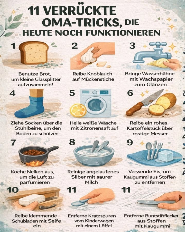 11 verrückte Oma-Tricks, die heute noch funktionieren! 

Manchmal sind es die einfachsten Tipps von früher, die auch heute noch unglaublich effektiv sind 
Unsere Großmütter kannten Tricks, die Zeit, Geld und Nerven sparen  ganz ohne Chemie!

 Hier sind 11 geniale Oma-Hacks, die du unbedingt kennen solltest:

稜 Brot gegen Glassplitter  Perfekt, um selbst kleinste Splitter sicher aufzusammeln.
龍 Knoblauch bei Mückenstichen  Lindert Juckreiz auf natürliche Weise.
 Wasserhähne mit Wachspapier polieren  Für extra Glanz ohne Reinigungsmittel.
罹 Socken an Stuhlbeinen  Schützt deinen Boden vor Kratzern.
 Zitronensaft für weiße Wäsche  Macht sie wieder strahlend sauber.
凜 Kartoffel gegen Rost  Ideal für alte Messer.
 Nelken auskochen  Ein natürlicher Raumduft.
北 Saure Milch für Silber  Bringt Besteck wieder zum Glänzen.
流 Eis gegen Kaugummi  Funktioniert erstaunlich gut auf Stoffen.
識 Seife für klemmende Schubladen  Läuft wieder wie neu.
 Kaugummi gegen Buntstiftflecken  Ein Trick, den kaum jemand kennt!