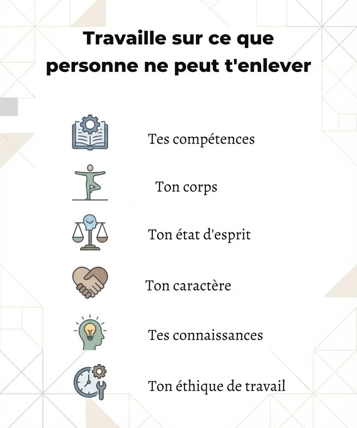 Ce qui a le plus de valeur ne peut pas être retiré par les autres.

Les compétences construites avec le temps, la discipline personnelle et létat desprit sont des actifs durables.

Investir dans ce qui dépend uniquement de soi renforce la stabilité, lautonomie et la progression à long terme.

Ce sont ces fondations qui soutiennent la constance, quelles que soient les circonstances extérieures.