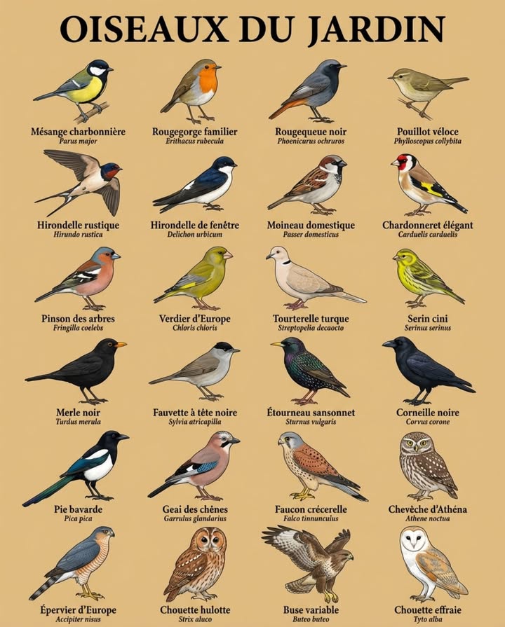 24 oiseaux. Tous visibles depuis un jardin français ordinaire. 

Ce poster regroupe les espèces que vous croisez au quotidien sans forcément savoir les nommer  la mésange charbonnière qui inspecte vos branches, le rougegorge qui vous suit quand vous bêchez, le faucon crécerelle en vol stationnaire au-dessus du champ voisin.

Ce qui est moins visible : ces 24 espèces forment un écosystème fonctionnel complet. Les insectivores éliminent pucerons et chenilles. Les rapaces régulent les rongeurs. Les omnivores nettoient les fruits tombés et dispersent les graines. Chaque étage du jardin  sol, haies, canopée, ciel  a ses occupants.

La chouette effraie chasse la nuit pendant que la buse variable surveille le jour. Le geai des chênes plante des centaines de glands par automne. Létourneau en bande retourne le sol à la recherche de larves. Chacun occupe une niche que les autres noccupent pas.

Avoir ces oiseaux dans son jardin nest pas un hasard  cest le résultat dun environnement qui leur offre de quoi manger, se percher et se reproduire. 

#OiseauxDuJardin #OiseauxDeFrance #ObservationDesOiseaux #BiodiversitéAuJardin