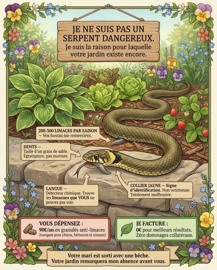 JE NE SUIS PAS UN SERPENT DANGEREUX.
JE SUIS LA RAISON POUR LAQUELLE VOTRE JARDIN NEST PAS DÉTRUIT.

Vous mavez vue me chauffer au soleil sur votre muret de pierre et avez crié. Votre mari est sorti avec une bêche. Jai essayé de partir. Il était plus rapide.

Je suis une Couleuvre à collier, et jétais votre employée de lutte antiparasitaire la plus efficace. Je travaillais gratuitement. Je ne prenais jamais de congé maladie. Je me présentais tous les jours davril à octobre et mangeais les choses qui détruisaient réellement votre propriété.

MON CV :

 200-300 limaces par saison celles qui mangent vos hostas, laitues et fraises
 40-60 sauterelles par mois celles qui dépouillent vos massifs de fleurs
 Larves de hannetons quand je les trouve celles qui tuent votre pelouse par en dessous
 Campagnols et mulots ceux qui rongent vos bulbes de tulipes chaque automne
 Grenouilles, tritons et vers de terre  maintenant léquilibre dont votre jardin dépend

Je ne suis pas venimeuse. Mes dents sont de la taille dun grain de sable. Si je vous mords  ce qui nécessite que vous me saisissiez physiquement et refusiez de lâcher  ça ressemble à une légère égratignure et cesse de saigner en 30 secondes.

LA CHOSE QUI DEVRAIT VOUS EMBARRASSER :

Vous dépensez 90/an sur granulés anti-limaces qui contiennent métaldéhyde  un poison qui tue aussi chiens, hérissons et oiseaux qui mangent limaces empoisonnées. Je faisais le même travail gratuitement, sans dommages collatéraux, et jétais meilleure.

Une seule couleuvre à collier enlève plus de limaces dun jardin en une saison que trois applications dappât commercial anti-limaces. Et je cible les limaces vivantes  pas seulement celles qui croisent un granulé.

CE QUE VOUS AVEZ TUÉ :

Les couleuvres à collier sont fidèles au site. Jhibernais dans le même abri avec 20-50 autres couleuvres chaque hiver  un abri communal appelé hibernaculum qui peut avoir été utilisé pendant des décennies. Je revenais dans votre jardin chaque printemps parce que cétait mon territoire.

La couleuvre qui me remplacera  si une le fait  ne saura pas où les populations de limaces se concentrent. Ne saura pas où trouver leau dans votre jardin. Ne connaîtra pas les endroits sûrs pour se chauffer. Il faudra deux ans pour construire la connaissance territoriale que javais.

Votre jardin remarquera mon absence avant vous.

La prochaine fois, posez la bêche. Rentrez à lintérieur. Je serai partie dans dix minutes. Je le suis toujours.



#CouleuvreÀCollier #ContrôleNaturelRavageurs #SerpentsDuJardin