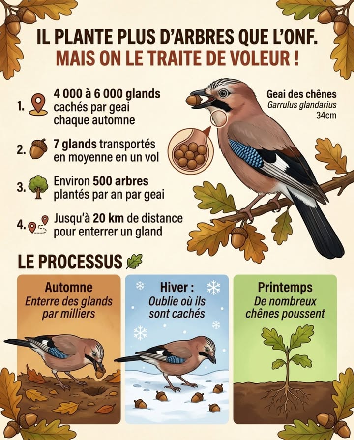 Le geai des chênes cache entre 4 000 et 6 000 glands chaque automne  et oublie une partie de ses caches. Cest cette amnésie saisonnière qui plante des chênes sur des kilomètres.

Ce poster donne les chiffres et le processus en trois temps : automne, hiver, printemps.

On laccuse de voler des glands. Il plante des forêts. 

#GeaiDesChênes #ReboisementNaturel #FauneJardin #OiseauxFrance