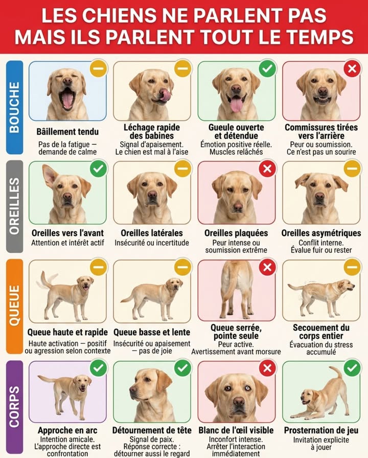 Les signaux de stress du chien ressemblent à des comportements ordinaires. Cest exactement pour ça quils passent inaperçus.

Le bâillement tendu nest pas de la fatigue  cest une demande de désescalade. Le léchage rapide des babines nest pas de la gourmandise  cest un signal dapaisement. Les oreilles asymétriques ne sont pas un hasard de posture  cest un conflit interne actif entre fuir et rester.

La logique est la même pour tous les signaux : le chien communique avant dagir. La queue serrée dont seule la pointe bouge est une mise en garde qui précède le mordre. Le blanc de lœil visible signale un inconfort intense  arrêter linteraction immédiatement est la réponse correcte.

Deux signaux souvent mal interprétés dans lautre sens :
La gueule ouverte et détendue avec langue pendante est une émotion positive réelle  muscles relâchés, contact maintenu.
La prosternation avant de jouer  pattes avant au sol, arrière-train levé  est une invitation explicite. Elle ne ressemble à aucun autre signal.

 Lire le corps du chien avant quil agisse change complètement la dynamique.

#LangageDuChien #ComportementCanin #ChienFrance #ÉducationCanine