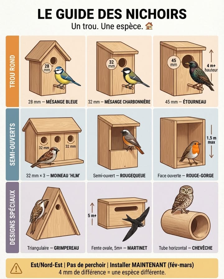 Tout se joue sur un chiffre : le diamètre du trou dentrée. 28 mm et la mésange bleue entre. 32 mm et cest la charbonnière. 45 mm et létourneau expulse tout le monde. Quatre millimètres de différence entre une mésange protégée et une mésange sans logement. 

LES 9 NICHOIRS QUI COMPTENT EN FRANCE

TROU ROND

28 mm  Mésange bleue. Hauteur 2-4 m. Elle choisit un trou étroit précisément pour bloquer la charbonnière.

32 mm  Mésange charbonnière. Le nichoir le plus occupé de France. En lisière de bois ou jardin arboré, 2-4 m.

45 mm  Étourneau sansonnet. 4 m minimum, zone dégagée. Il a perdu beaucoup de sites en ville  un nichoir bien placé le ramène.

32 mm  3 côte à côte  Moineau domestique. Le moineau ne niche pas seul. Minimum 3 compartiments sous un toit. Grégaire ou rien.

SEMI-OUVERT

Ouverture rectangulaire  Rougequeue à front blanc. Mur ou avant-toit, 2-4 m. Pas de cavité totalement fermée.

Face avant ouverte  Rouge-gorge. Boîte ouverte devant, 1,5 m maximum, caché dans le lierre ou la vigne vierge. Visible et exposé = vide.

DESIGNS SPÉCIAUX

Triangulaire plat contre tronc  Grimpereau. Imite une écorce décollée, entrée latérale, fixé verticalement sur un grand arbre.

Plat peu profond  Martinet noir. 5 m minimum sous corniche, accès direct au ciel. Par 2 ou 3  oiseau colonial.

Tube horizontal 80-100 cm  Chevêche dAthéna. Imite une cavité de branche creuse. Grands jardins avec vieux fruitiers.

TROIS RÈGLES POUR TOUS

Est ou Nord-Est  jamais plein sud. Le soleil de mai-juin surchauffe lintérieur.
Pas de perchoir sous le trou  les mésanges nen ont pas besoin, les prédateurs sen servent.
Installez maintenant  les oiseaux prospectent les sites en ce moment. Un nichoir posé en février a les meilleures chances dêtre occupé dès ce printemps. 

#NichoirsOiseaux #OiseauxDeFrance #JardinNaturel #BiodiversitéAuJardin