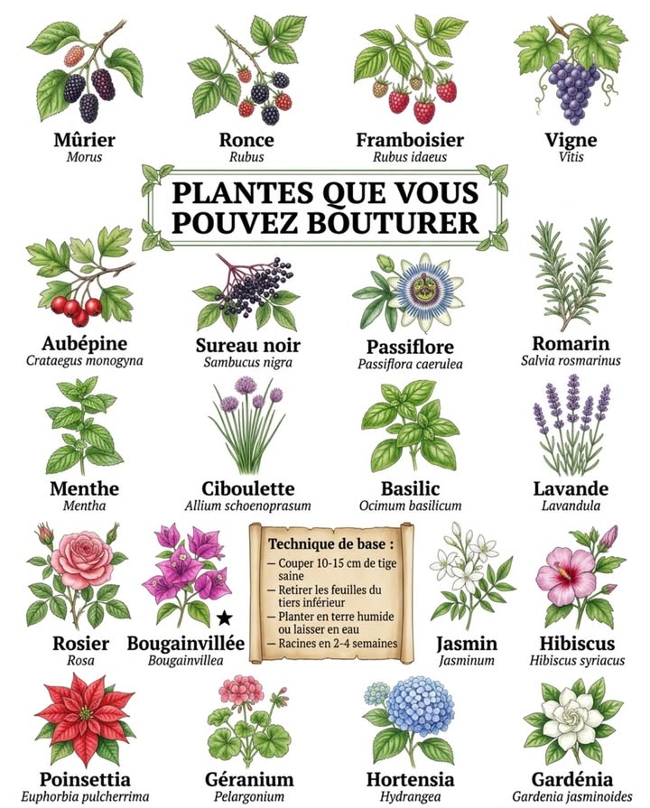 Un morceau de tige en eau ou en terre humide  cest tout ce quil faut pour multiplier gratuitement les plantes du jardin. 

Ces 20 espèces se bouturent avec la même technique de base : 10-15 cm de tige saine, feuilles du tiers inférieur retirées, racines en 2-4 semaines.

Les plus rapides en eau : menthe, basilic, ciboulette  racines visibles en moins de 2 semaines. Les plus longues : lavande, rosier, gardénia  privilégier le substrat et les hormones de bouturage.

Meilleure période en France : avril-mai ou septembre. 

#BouturageFacile #MultiplicationPlantes #JardinGratuit #BouturageJardin
