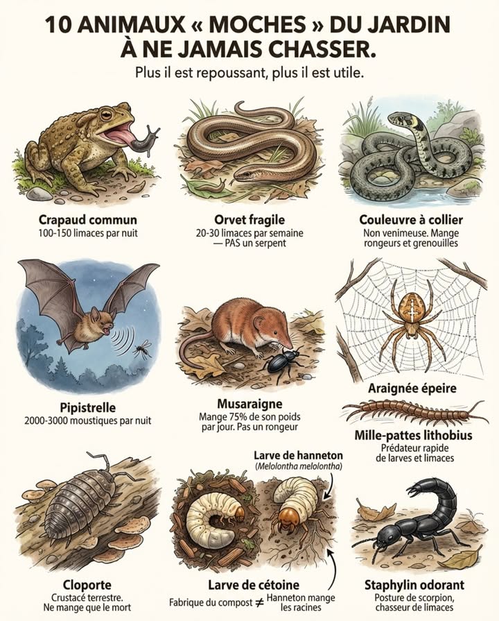 Ils provoquent un mouvement de recul, un frisson ou un coup de pelle. Le crapaud dans la cave, lorvet sous la pierre, laraignée dans lencadrement de la porte, la chauve-souris dans le grenier  la plupart des gens veulent les faire partir ou les éliminer. Chacun de ces dix animaux protège le jardin plus efficacement que nimporte quel produit chimique, et leur apparence est inversement proportionnelle à leur utilité.

Crapaud commun Bufo bufo sort chaque nuit de sa cachette humide et consomme entre 100 et 150 limaces, escargots, chenilles, cloportes et vers gris avant laube. Un seul crapaud installé dans le potager élimine plus de ravageurs quun piège à bière par semaine. Sa peau verruqueuse sécrète un venin léger qui dissuade les prédateurs  raison de plus pour ne pas le manipuler, mais aucune raison de le chasser.

Orvet fragile Anguis fragilis ce nest pas un serpent  cest un lézard sans pattes. Il ne mord pas, ne pique pas et passe sa vie à chasser les limaces dans le paillage, les tas de compost et sous les pierres plates. Un orvet adulte consomme entre 20 et 30 limaces par semaine. Le tuer parce quil ressemble à un serpent, cest supprimer le prédateur de limaces le plus discret et le plus efficace du jardin.

Couleuvre à collier Natrix helvetica serpent non venimeux qui consomme des grenouilles, des crapauds, des rongeurs et des poissons. Sa défense est de jouer la morte  elle se retourne sur le dos, ouvre la gueule et sécrète une odeur nauséabonde. Spectaculaire mais totalement inoffensive. Sa présence dans un jardin indique un écosystème riche et fonctionnel avec suffisamment de proies pour la nourrir.

Pipistrelle commune Pipistrellus pipistrellus la plus petite chauve-souris de France  4 grammes. Une seule pipistrelle consomme entre 2 000 et 3 000 moustiques par nuit. Un grenier qui abrite une colonie de pipistrelles protège la terrasse mieux que nimporte quelle lampe anti-moustiques. Les chauves-souris ne saccrochent pas aux cheveux  cette croyance est fausse. Elles évitent les obstacles par écholocation avec une précision millimétrique.

Musaraigne commune Crocidura russula le mammifère le plus vorace du jardin par rapport à son poids  elle mange quotidiennement léquivalent de 75 % de sa masse corporelle en insectes, larves et vers. Son métabolisme est si rapide quelle meurt de faim en six heures sans nourriture. Elle ne ronge ni les racines ni les bulbes  ce nest pas un rongeur malgré sa ressemblance avec une souris. Son museau pointu la distingue immédiatement.

Araignée de jardin Araneus diadematus et autres une seule toile dépeire capture entre 50 et 500 insectes par nuit  moustiques, mouches, pucerons ailés, mites. Les araignées sont le premier régulateur de population dinsectes volants dans tout écosystème terrestre. Détruire une toile sous un auvent supprime un piège gratuit qui fonctionnait vingt-quatre heures sur vingt-quatre.

Mille-pattes lithobius Lithobius forficatus le prédateur rapide qui vit sous les pierres et dans la litière. Se nourrit de petits insectes, de larves et de limaces juvéniles. Sa morsure est possible mais insignifiante pour lhomme  comparable à une piqûre dortie. Sa rapidité et son aspect de centipède effrayent  mais il chasse ce qui mange les racines.

Cloporte rugueux Porcellio scaber crustacé terrestre  le seul crustacé qui vit entièrement hors de leau. Décomposeur de matière organique morte, il transforme les feuilles mortes et le bois pourri en humus. Il ne mange aucune plante vivante. Les cloportes dans un pot de fleurs ne causent aucun dégât  ils recyclent les débris organiques du substrat.

Larve de cétoine dorée Cetonia aurata la grosse larve blanche en C que tout le monde confond avec la larve de hanneton et écrase en bêchant. La différence : la larve de cétoine a une petite tête et un gros abdomen, des pattes courtes et vit dans le compost où elle décompose la matière organique. La larve de hanneton a une grosse tête, de longues pattes et vit dans la terre où elle mange les racines. Lune fabrique du compost, lautre détruit les plants  tuer lune pour lautre est lerreur la plus fréquente du jardin.

Staphylin odorant Ocypus olens le  diable  noir du jardin  grand coléoptère noir qui relève labdomen comme un scorpion quand il est menacé. Ne pique pas, ne mord pas significativement. Prédateur nocturne de limaces, descargots et de chenilles. Sa posture défensive effraie tout le monde  y compris ses proies, ce qui en fait un chasseur redoutablement efficace.

La règle du jardin écologique est contraire à linstinct : plus lanimal est repoussant, plus il faut le laisser tranquille.

#AnimauxUtiles #JardinÉcologique #LaisserVivre #FauneDeJardin #BiodiversitéLocale