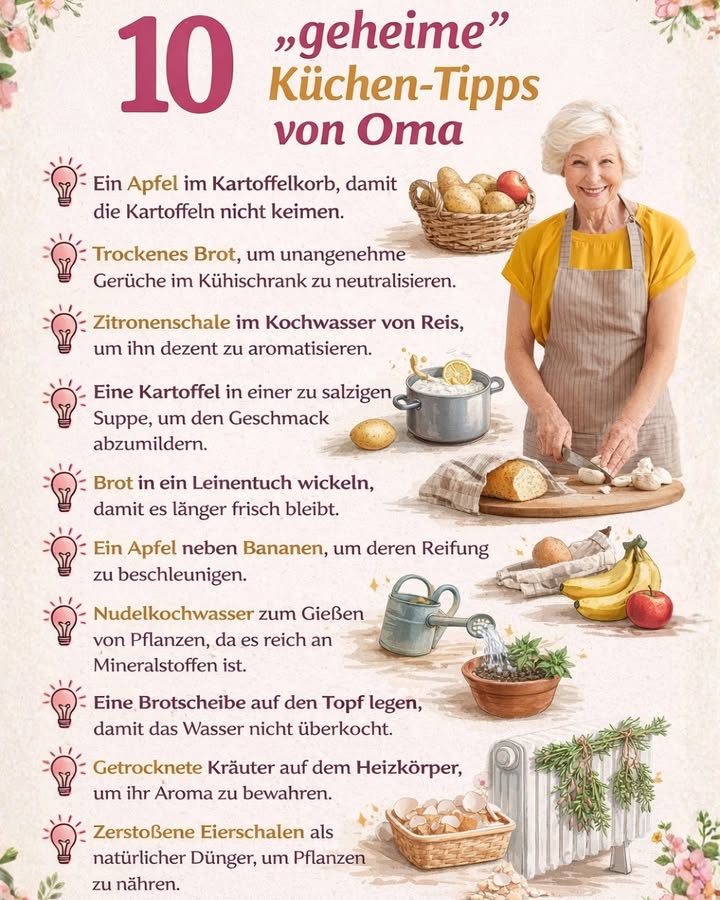 10 geheime Küchen-Tipps von Oma, die wirklich funktionieren! 

Unsere Großmütter kannten so viele einfache Tricks, die den Alltag in der Küche leichter machen 
Ganz ohne Chemie, ohne teure Produkte  nur mit gesundem Menschenverstand und Erfahrung.

 Hier sind 10 bewährte Küchen-Tipps von Oma, die du unbedingt kennen solltest:

凜 Ein Apfel im Kartoffelkorb verhindert, dass Kartoffeln zu schnell keimen.
 Trockenes Brot im Kühlschrank nimmt unangenehme Gerüche auf.
 Zitronenschale im Reiswasser verleiht dem Reis ein feines Aroma.
北 Eine Kartoffel in zu salziger Suppe mildert den Geschmack.
狀 Brot im Leinentuch bleibt länger frisch.
 Ein Apfel neben Bananen lässt sie schneller reifen.
 Nudelkochwasser eignet sich perfekt zum Gießen von Pflanzen.
 Eine Brotscheibe auf dem Topf verhindert Überkochen.
 Kräuter auf dem Heizkörper trocknen, damit sie ihr Aroma behalten.
讀 Zerstoßene Eierschalen sind ein natürlicher Dünger für Pflanzen.

 Diese kleinen Tricks sparen Zeit, Geld und Nerven  genau wie früher bei Oma.